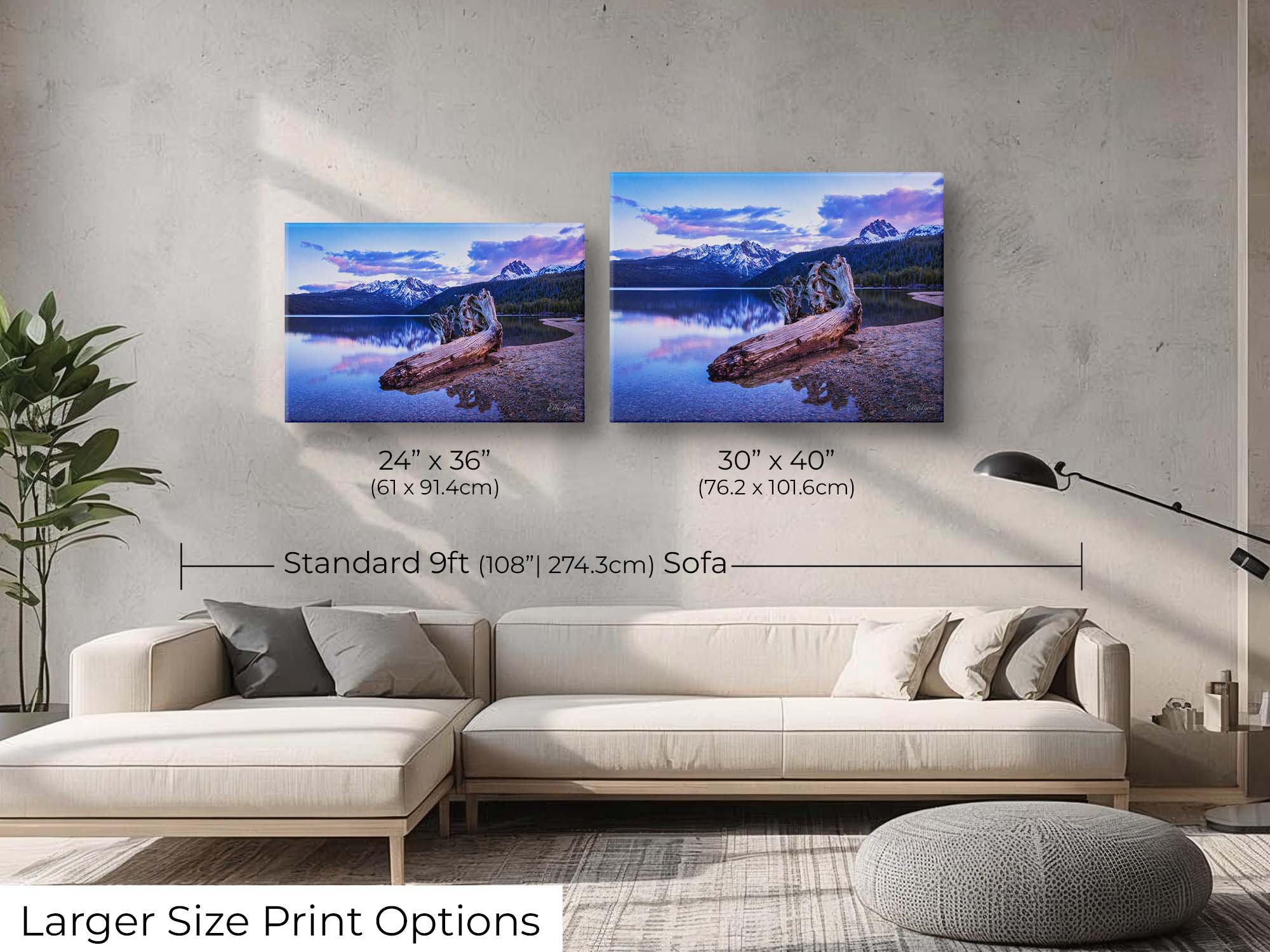 Sawtooth mountains at Redfish Lake in Idaho at sunset fine art print wall art size mockup showing 24x36 and 30x40 inch prints above a nine foot sofa 