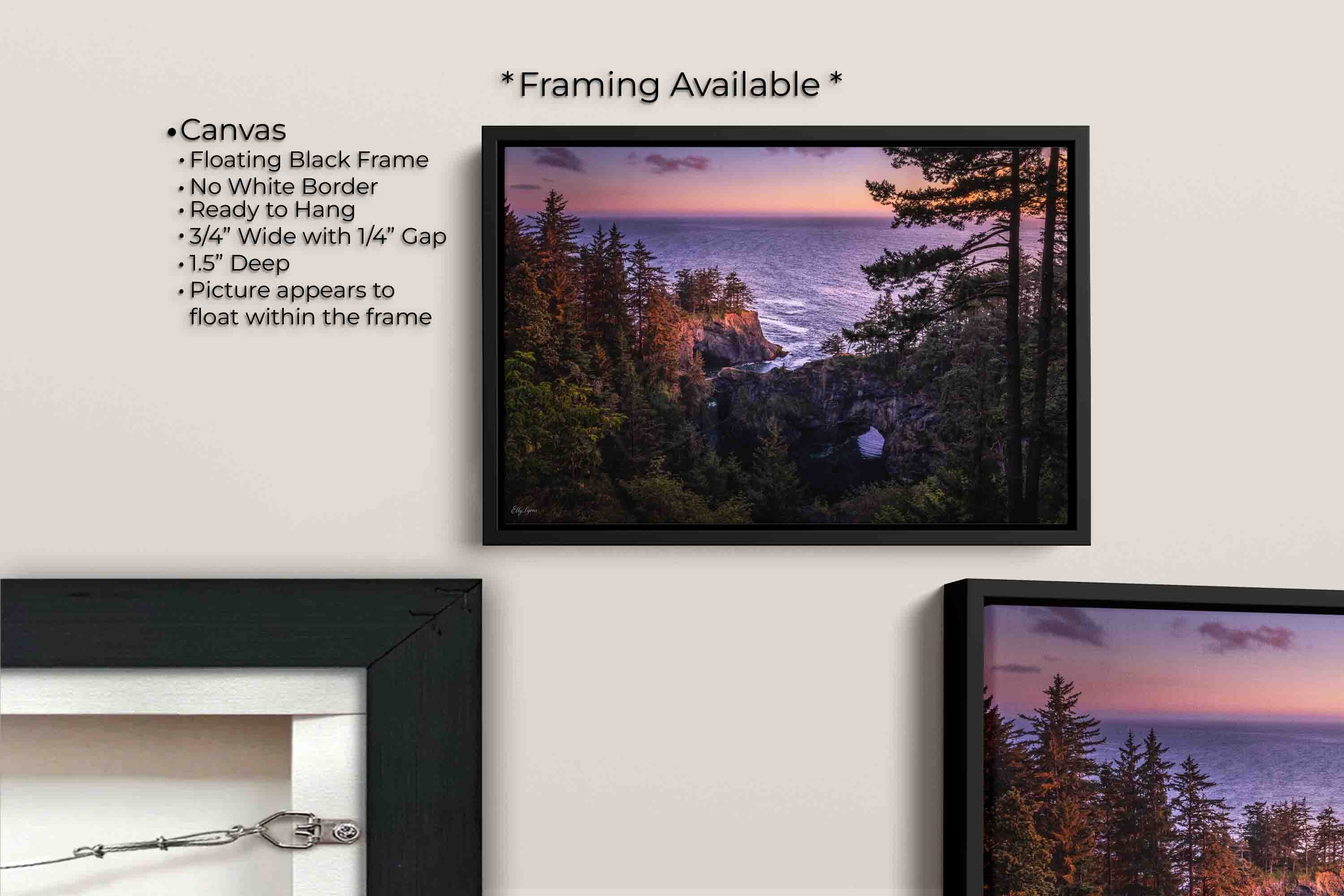 Brookings Oregon natural bridges sunset fine art print canvas wall art in black float frame, canvas framing option details