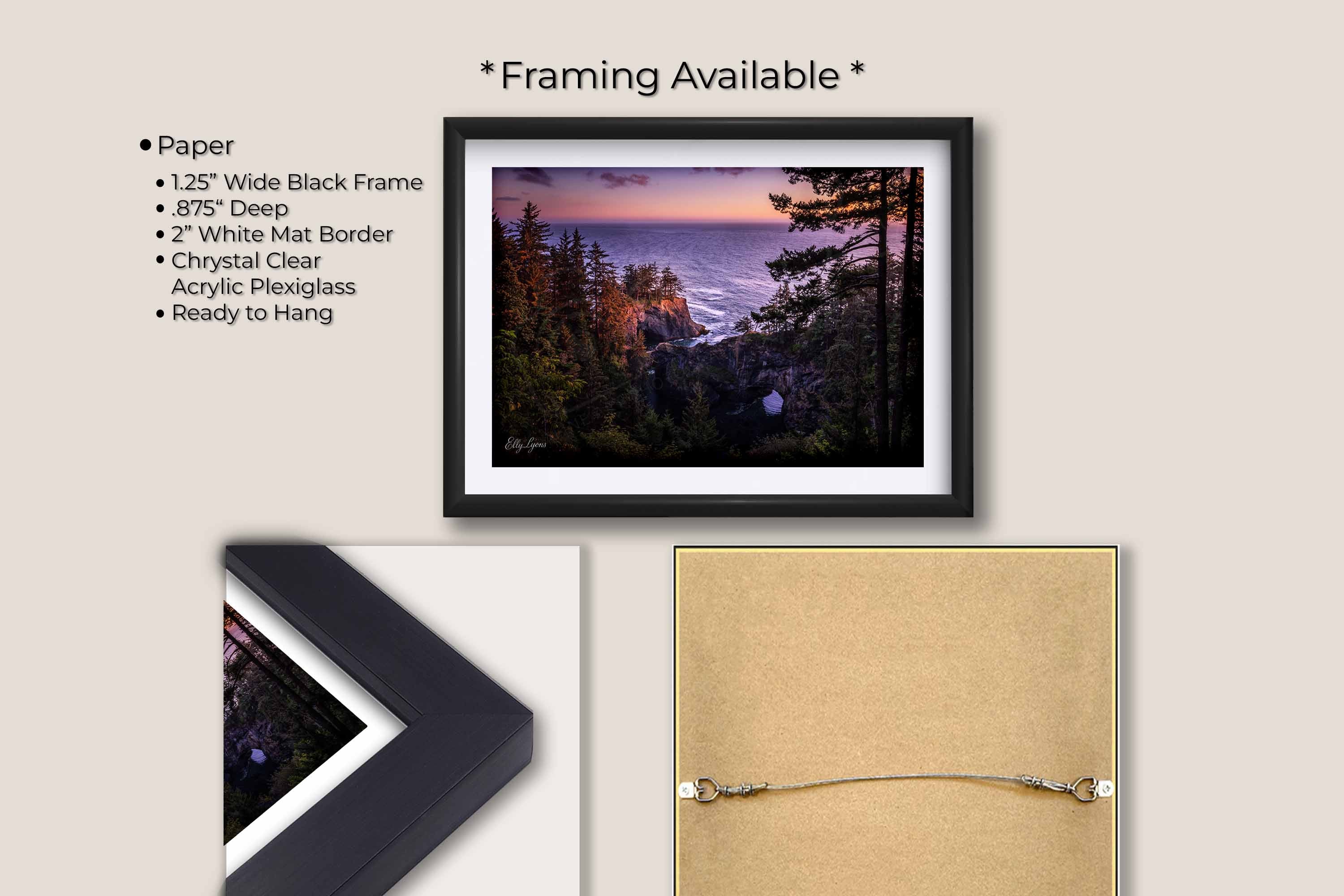 Brookings Oregon natural bridges sunset fine art print in black frame with white mat, paper and framing option details