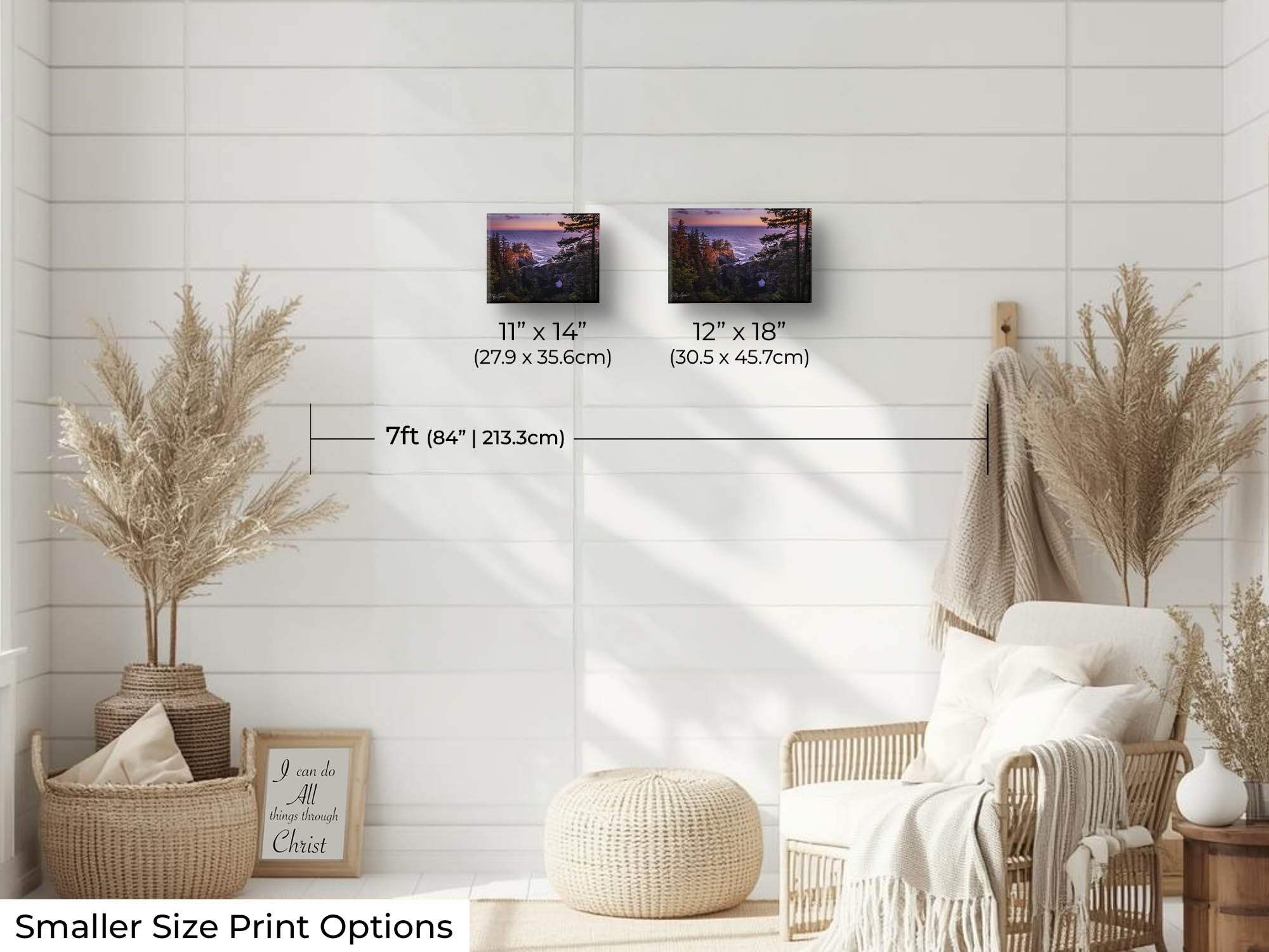 Brookings Oregon natural bridges sunset fine art print wall art size mockup showing 11x14 and 12x18 inch prints above a reading chair by a seven foot wall