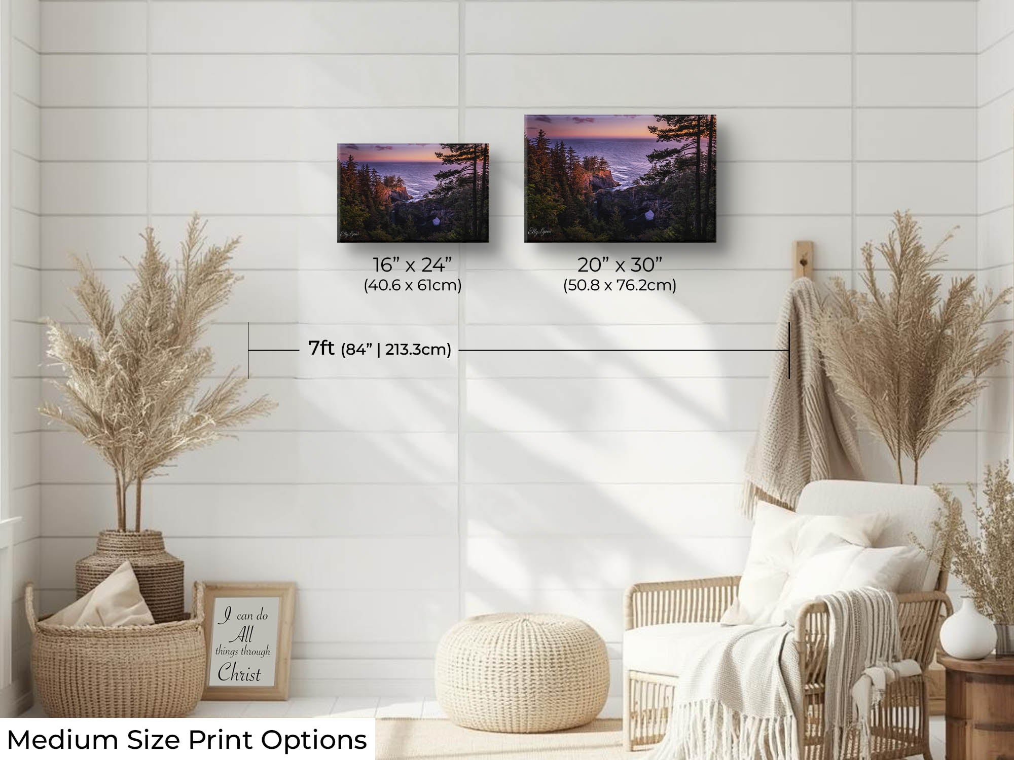 Brookings Oregon natural bridges sunset fine art print wall art size mockup showing 16x24 and 20x30 inch prints above a reading chair by a seven foot wall
