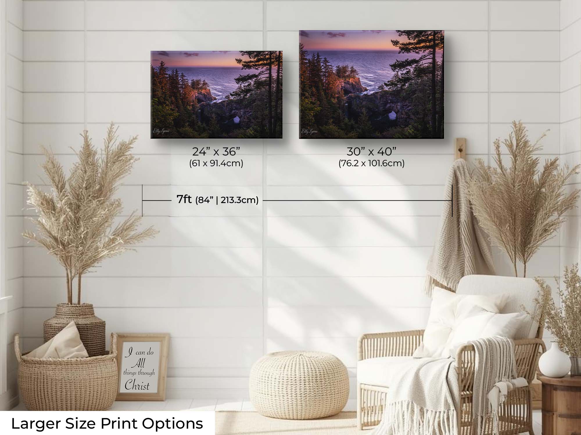 Brookings Oregon natural bridges sunset fine art print wall art size mockup showing 24x36 and 30x40 inch prints above a reading chair by a seven foot wall