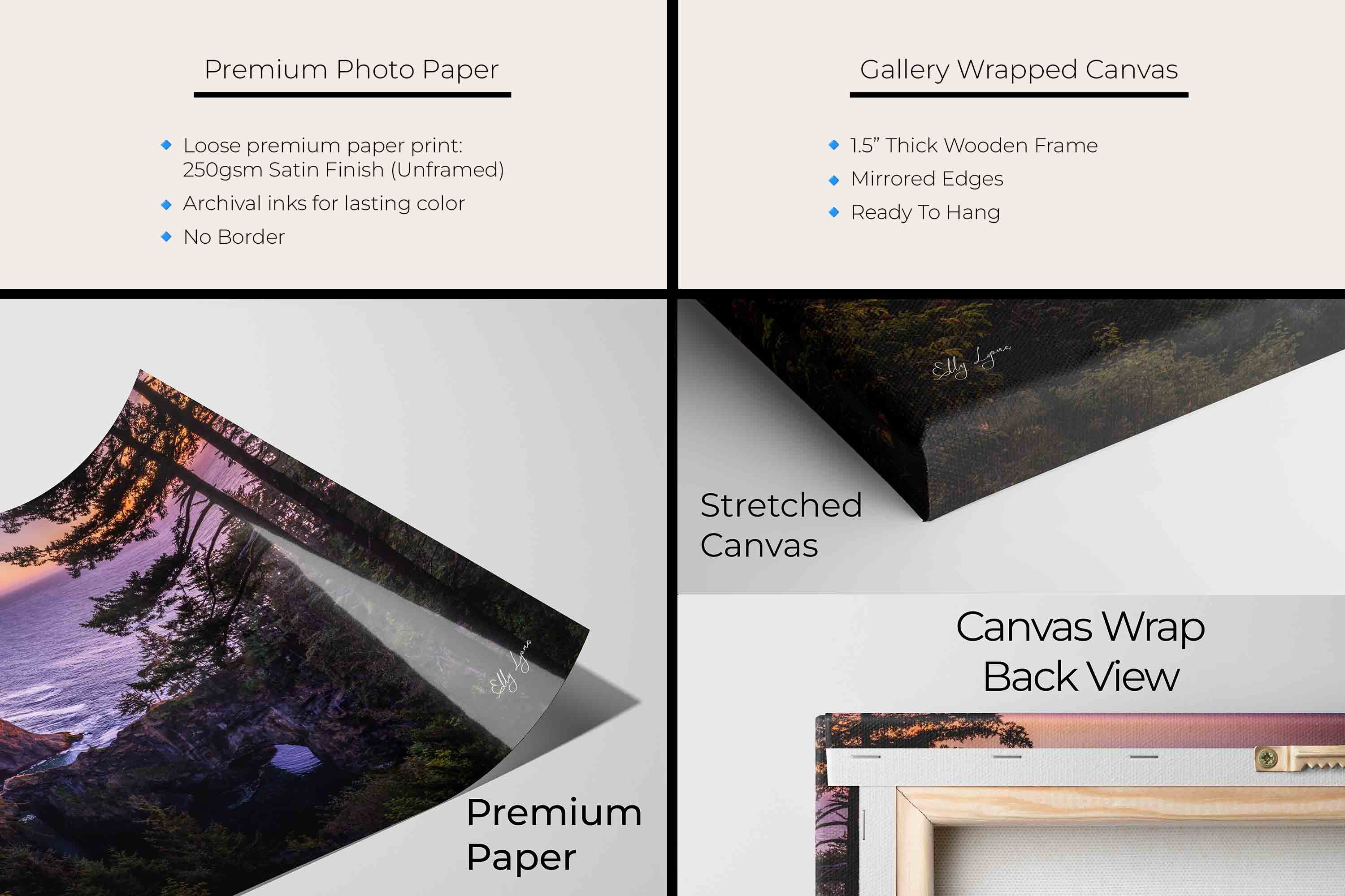 Brookings Oregon natural bridges sunset fine art print artwork materials mockup showing premium photo paper and gallery wrapped canvas close up