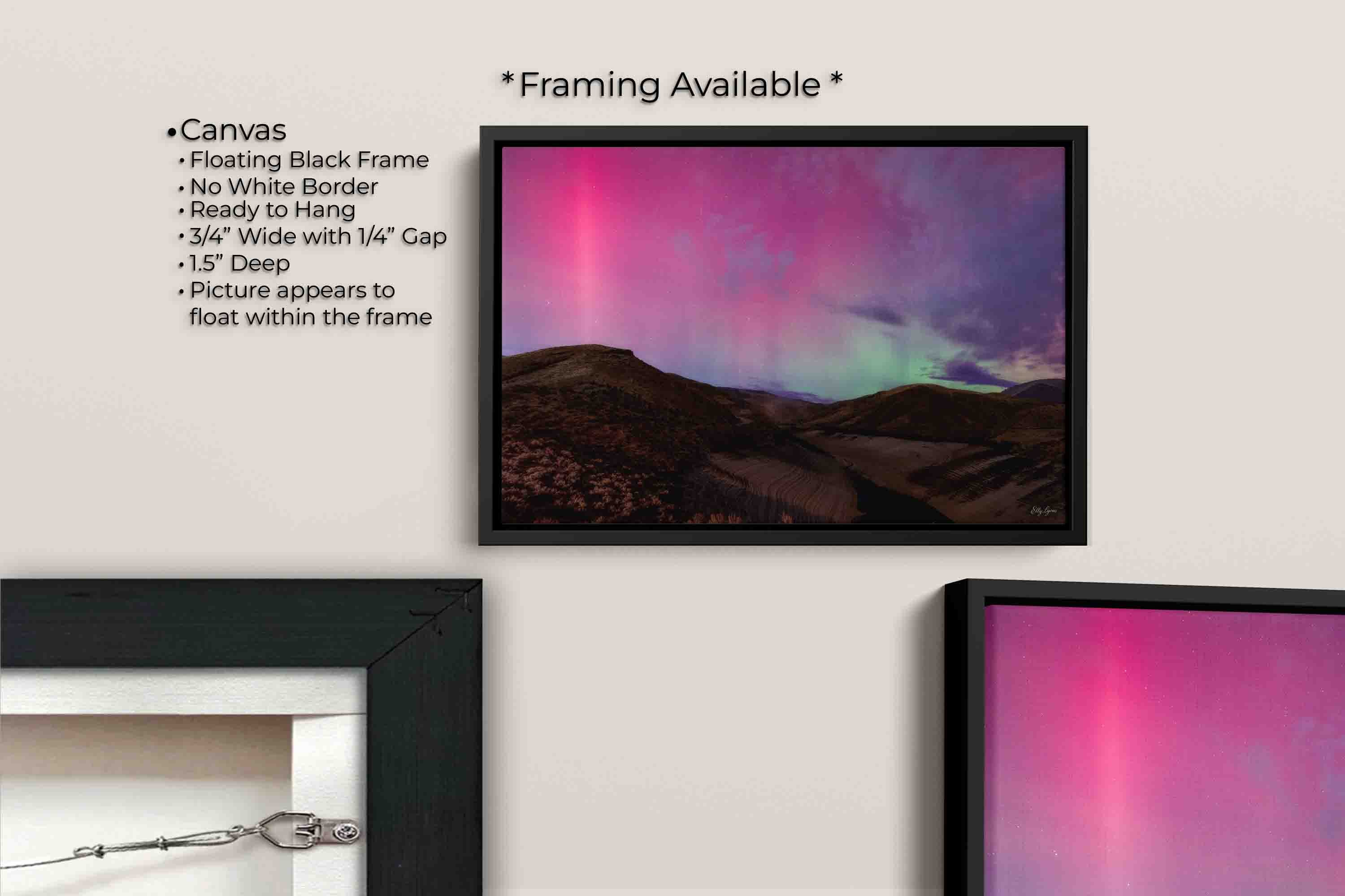 Northern lights over rolling desert hills at Lucky Peak in Idaho fine art print canvas wall art in black float frame, canvas framing option details