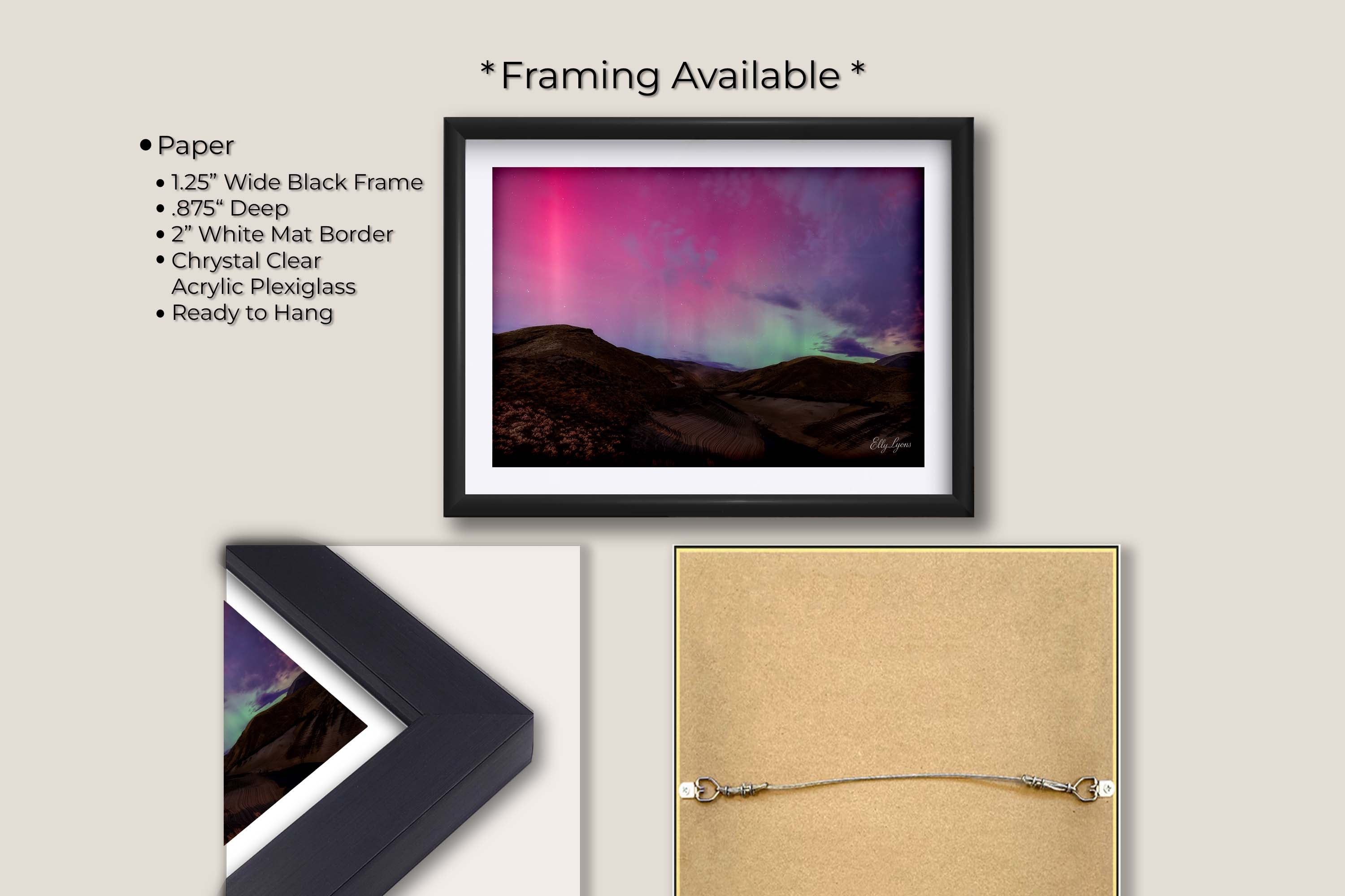 Northern lights over rolling desert hills at Lucky Peak in Idaho fine art print in black frame with white mat, paper and framing option details