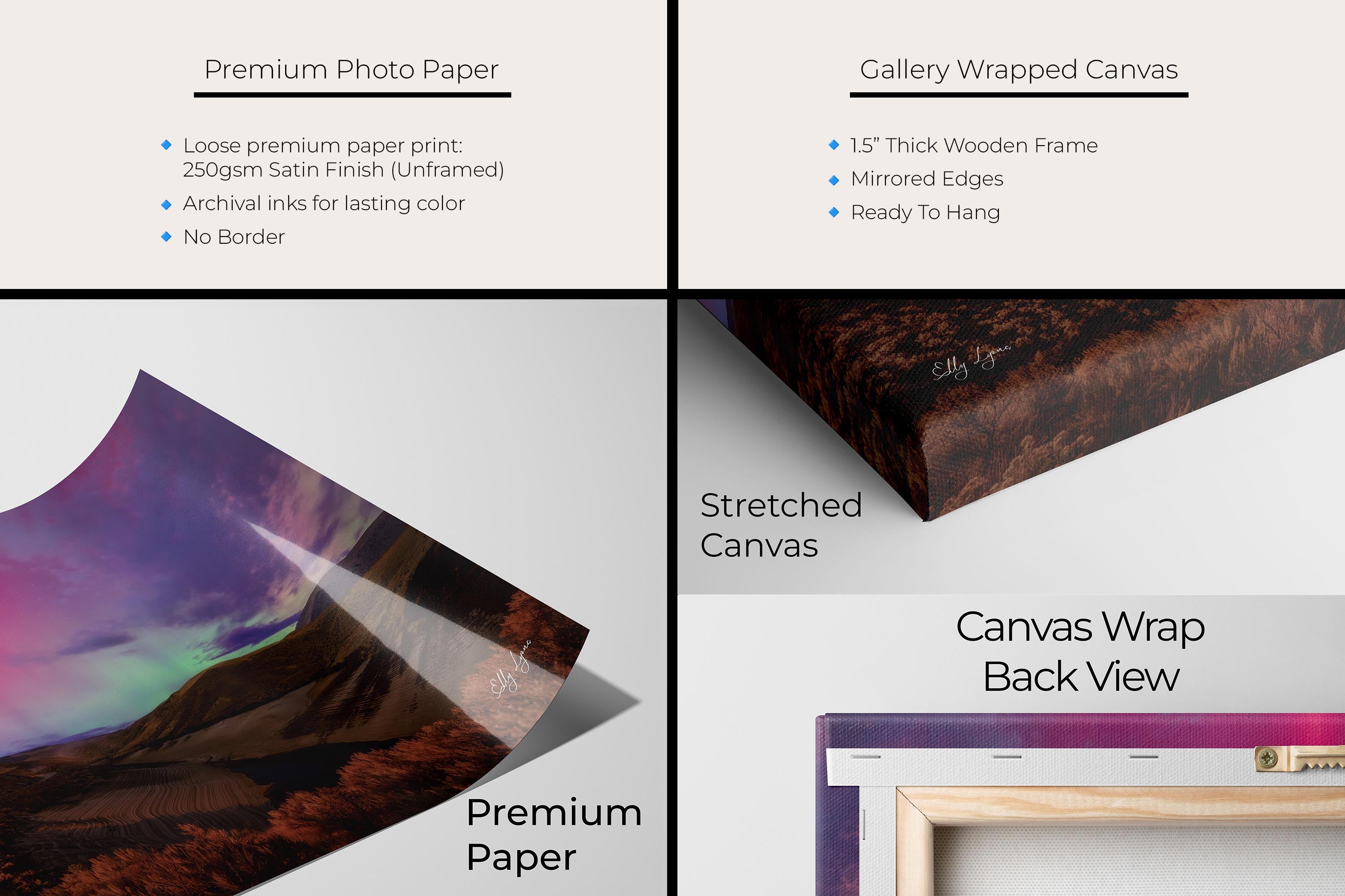 Northern lights over rolling desert hills at Lucky Peak in Idaho fine art print artwork materials mockup showing premium photo paper and gallery wrapped canvas close up