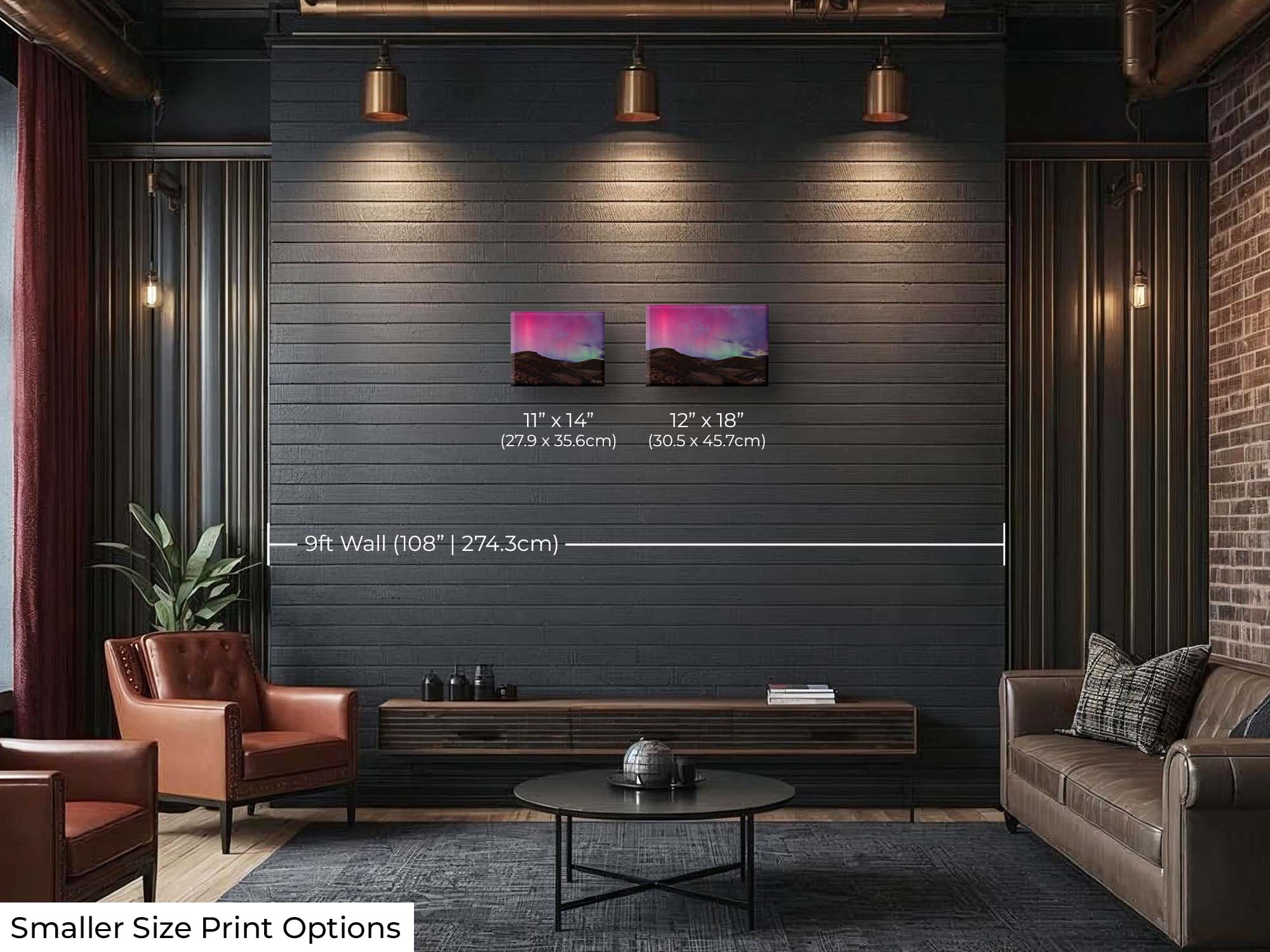 Northern lights over rolling desert hills at Lucky Peak in Idaho fine art print wall art size mockup showing 11x14 and 12x18 inch prints above a console on a nine foot wall