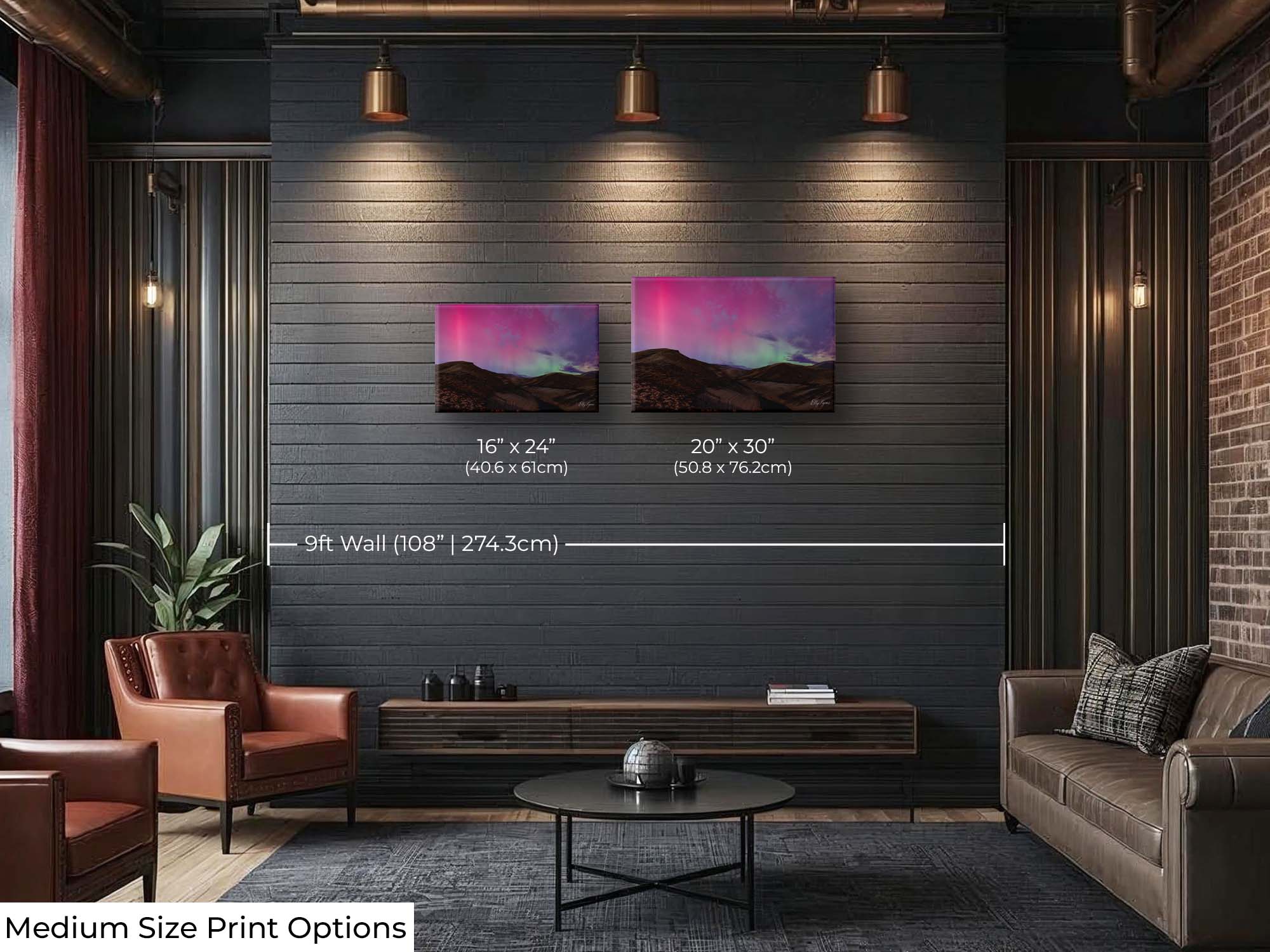 Northern lights over rolling desert hills at Lucky Peak in Idaho fine art print wall art size mockup showing 16x24 and 20x30 inch prints above a console on a nine foot wall