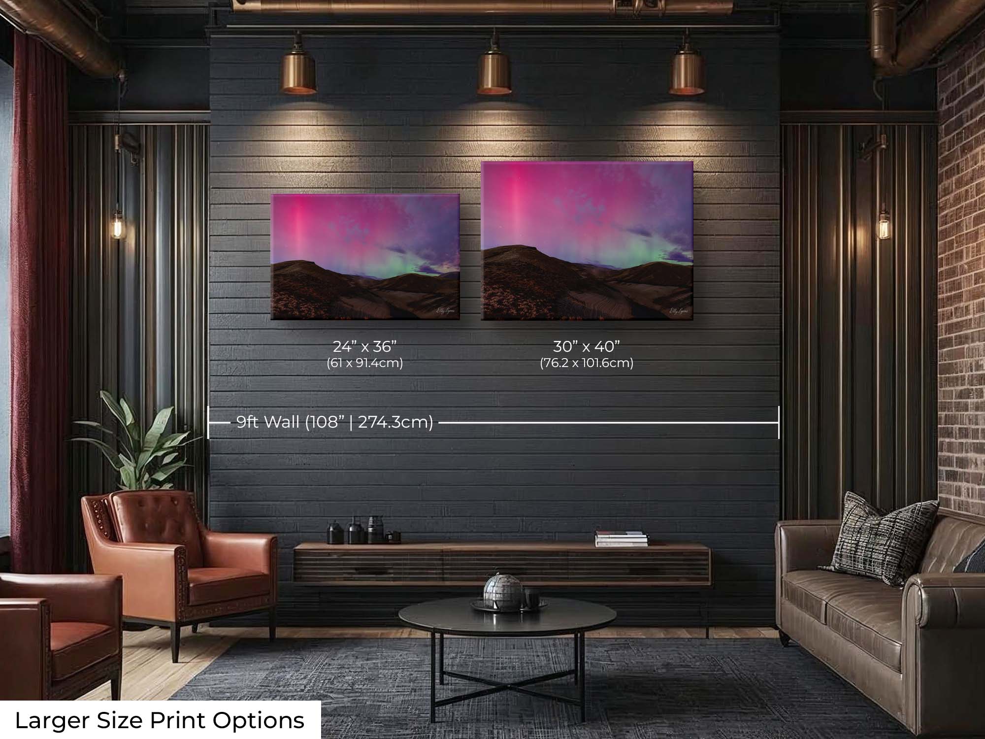 Northern lights over rolling desert hills at Lucky Peak in Idaho fine art print wall art size mockup showing 24x36 and 30x40 inch prints above a console on a nine foot wall
