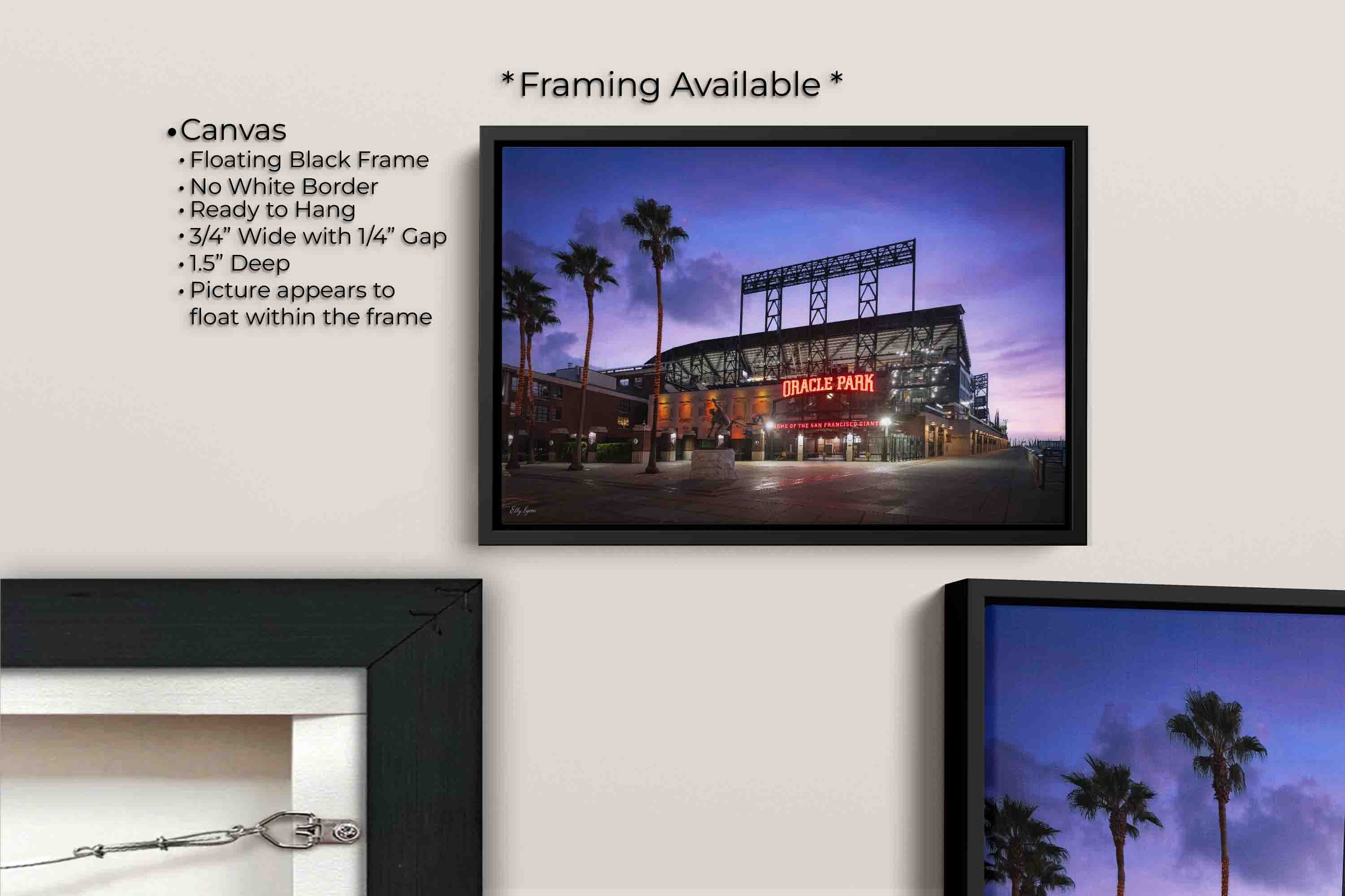 Oracle Park, San Francisco Giants sunrise fine art print canvas wall art in black float frame, canvas framing option details