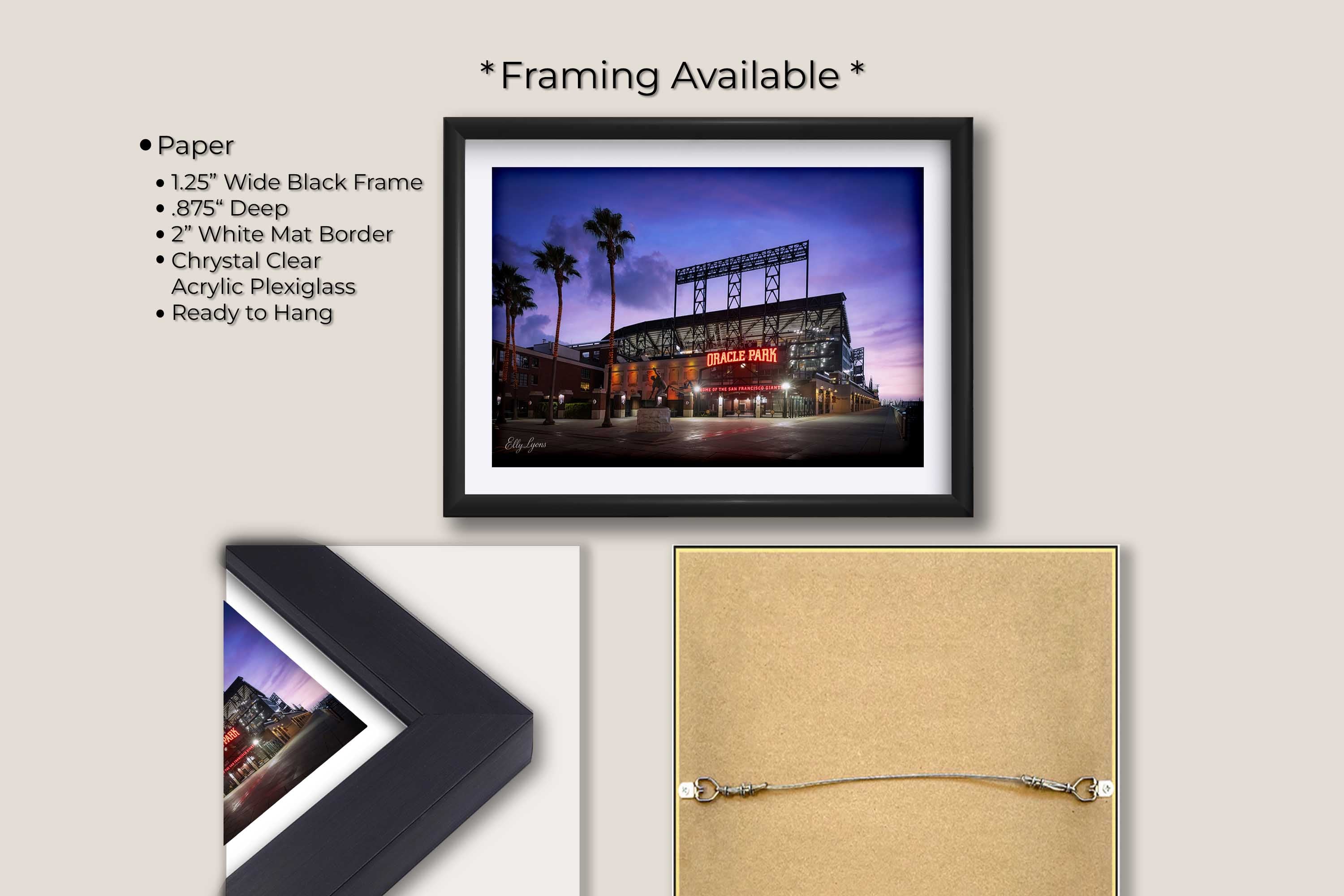 Oracle Park, San Francisco Giants sunrise fine art print in black frame with white mat, paper and framing option details