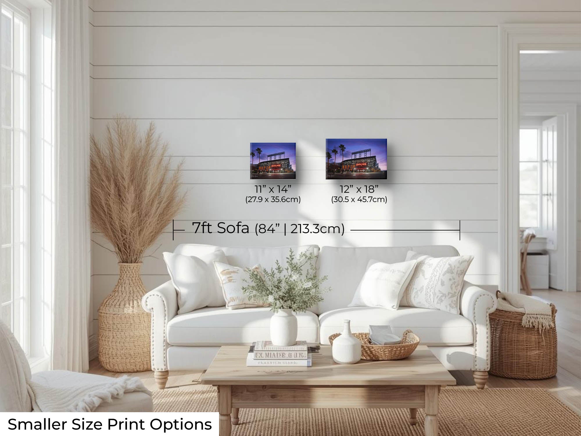Oracle Park, San Francisco Giants sunrise fine art print wall art size mockup showing 11x14 and 12x18 inch prints above a seven foot sofa 