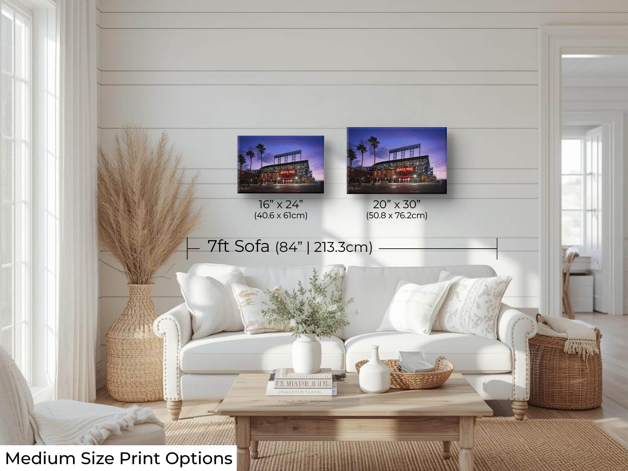 Oracle Park, San Francisco Giants sunrise fine art print wall art size mockup showing 16x24 and 20x30 inch prints above a seven foot sofa 