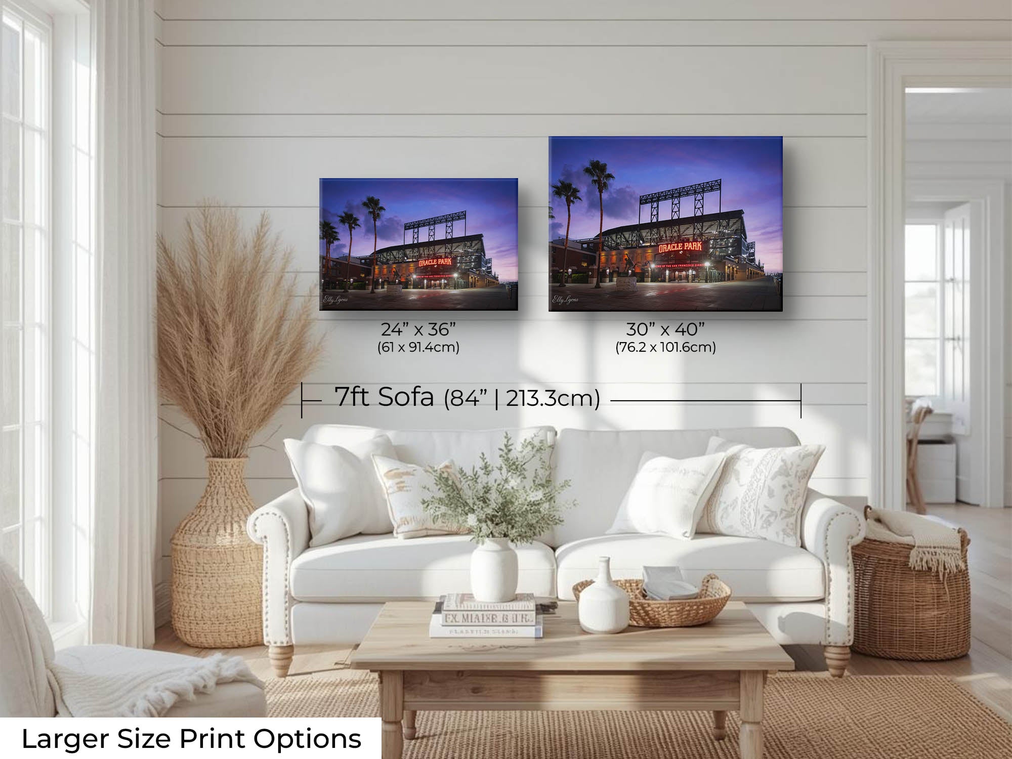 Oracle Park, San Francisco Giants sunrise fine art print wall art size mockup showing 24x36 and 30x40 inch prints above a seven foot sofa 