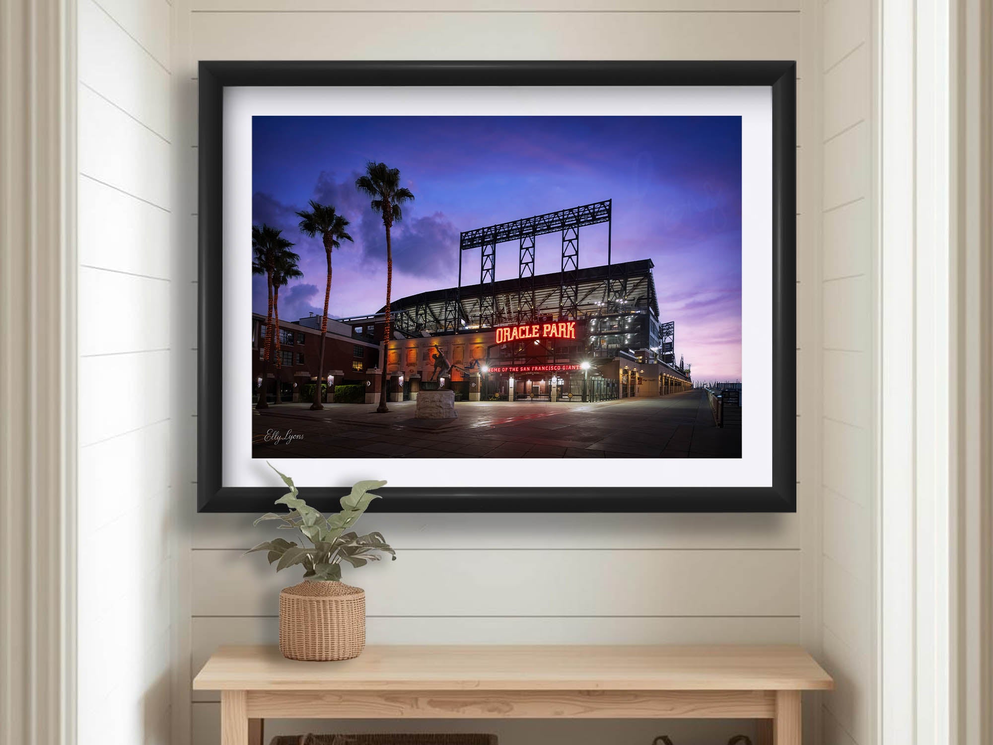 Oracle Park, San Francisco Giants sunrise fine art print in black frame styled above a table in a bright entryway