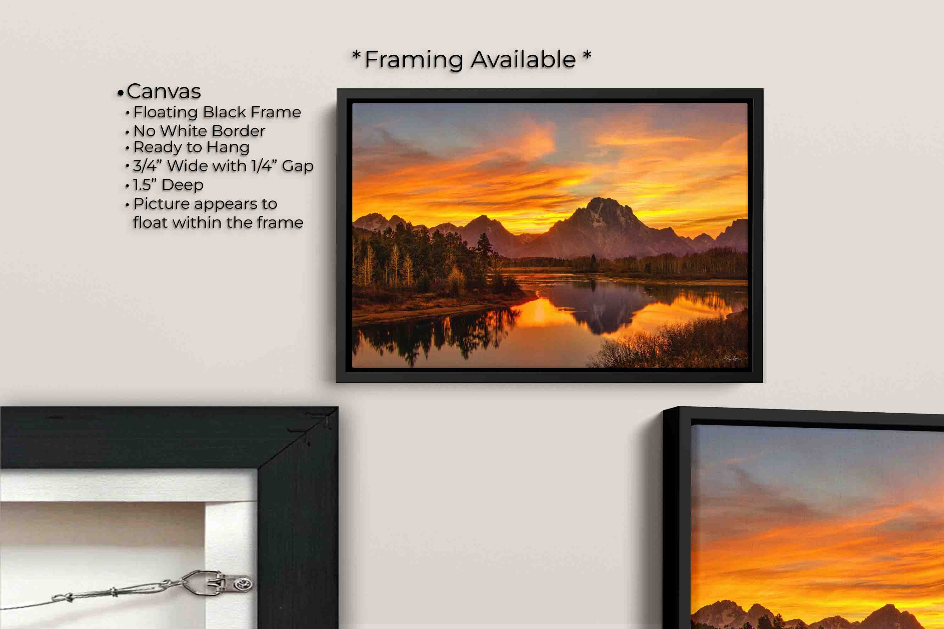 Grand Teton National Park, Oxbow Bend Mount Moran reflection sunset fine art print canvas wall art in black float frame, canvas framing option details