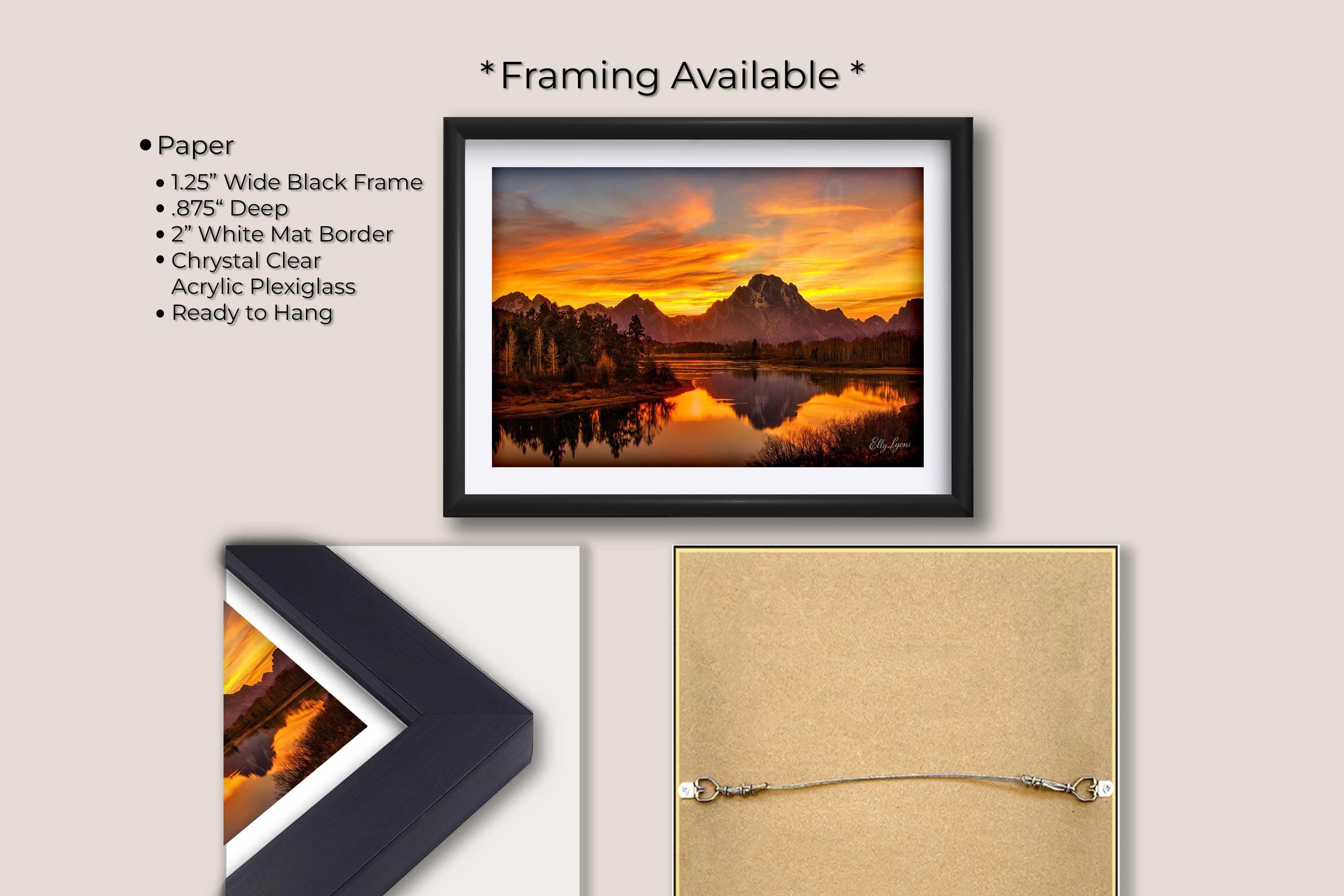 Grand Teton National Park, Oxbow Bend Mount Moran reflection sunset fine art print in black frame with white mat, paper and framing option details