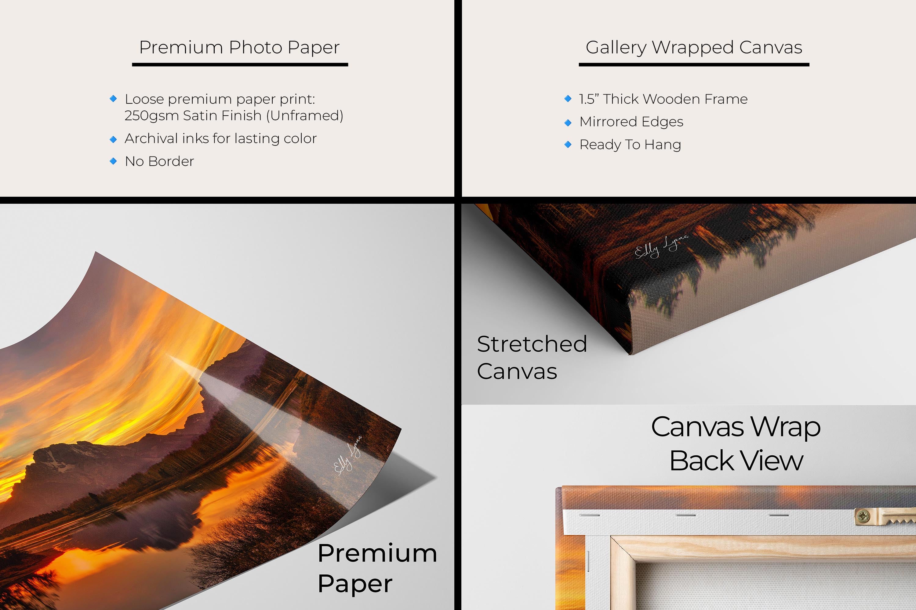 Grand Teton National Park, Oxbow Bend Mount Moran reflection sunset fine art print artwork materials mockup showing premium photo paper and gallery wrapped canvas close up