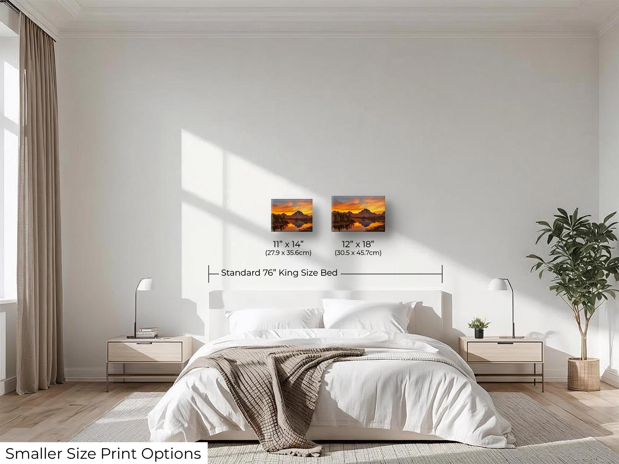 Grand Teton National Park, Oxbow Bend Mount Moran reflection sunset fine art print wall art size mockup showing 11x14 and 12x18 inch prints above a king size bed 
