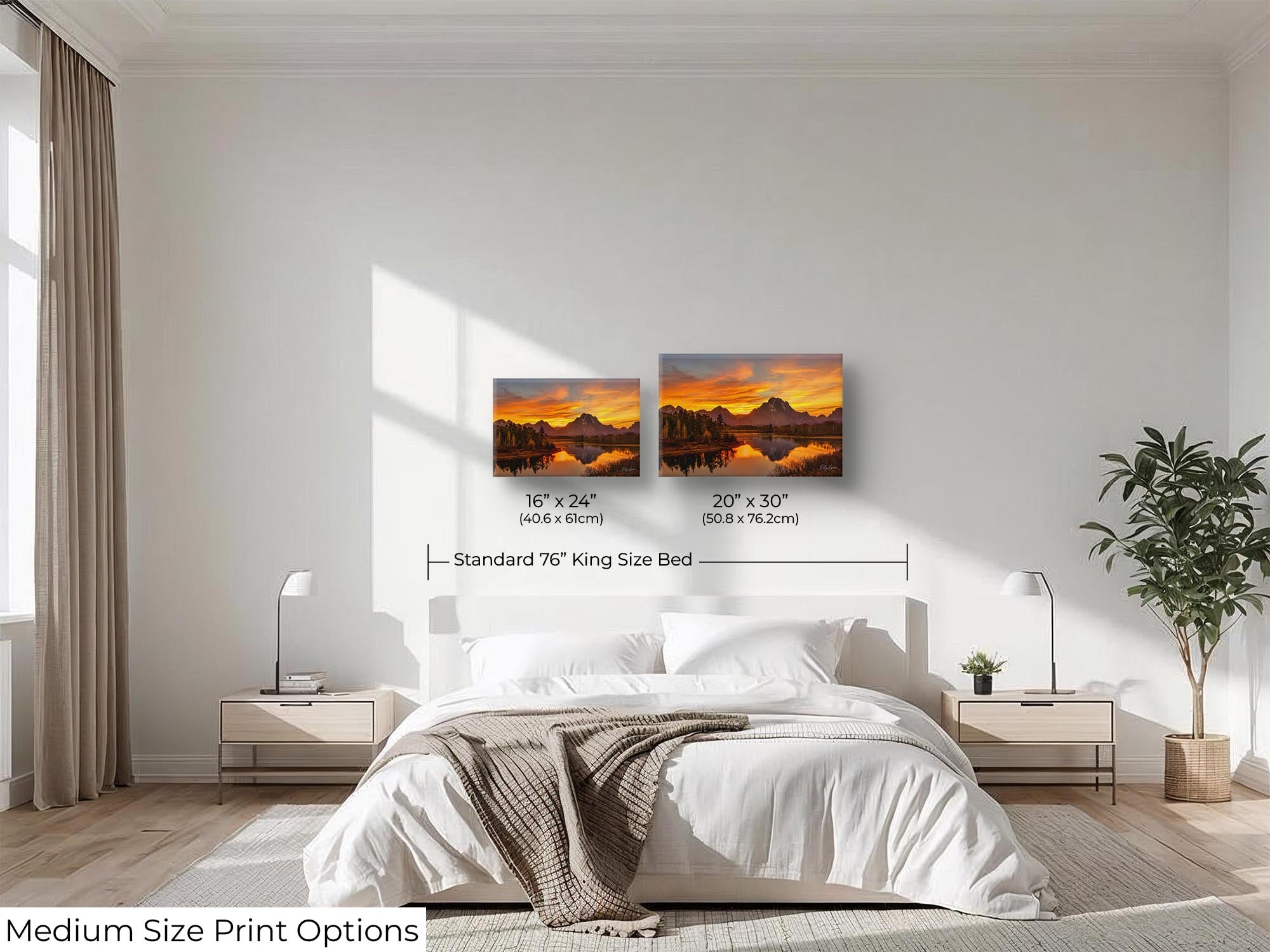 Grand Teton National Park, Oxbow Bend Mount Moran reflection sunset fine art print wall art size mockup showing 16x24 and 20x30 inch prints above a king size bed 