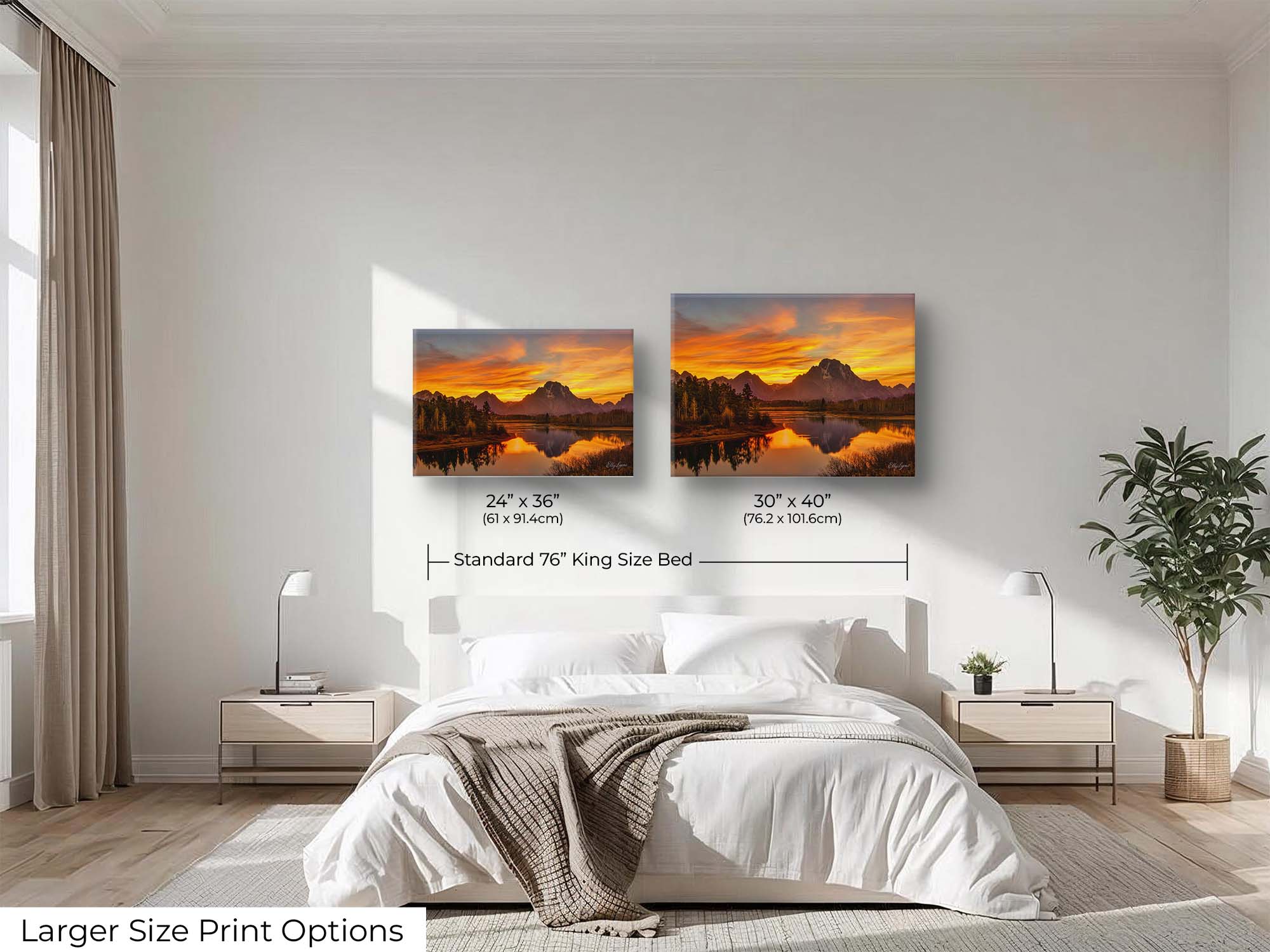 Grand Teton National Park, Oxbow Bend Mount Moran reflection sunset fine art print wall art size mockup showing 24x36 and 30x40 inch prints above a king size bed 