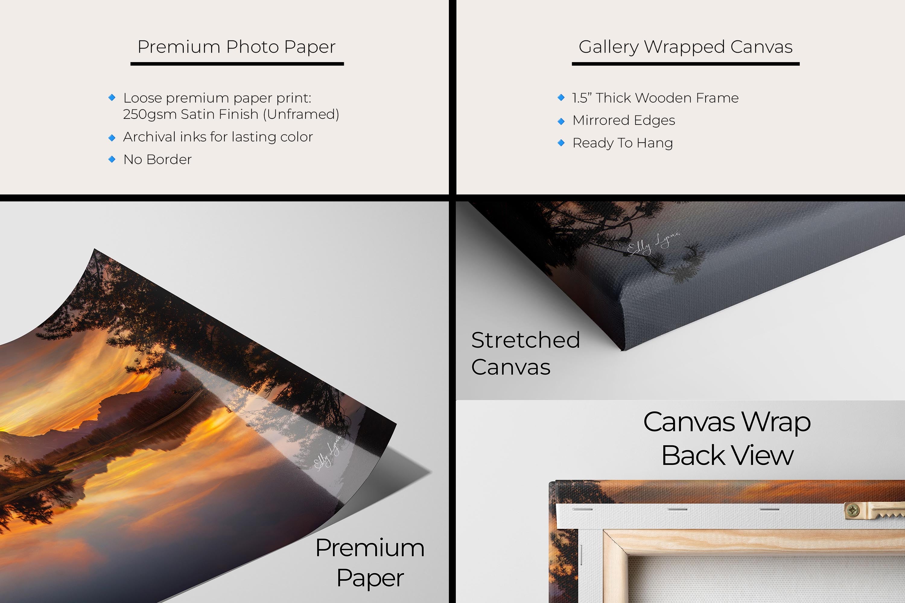 Grand Teton National Park, Oxbow Bend sunset fine art print artwork materials mockup showing premium photo paper and gallery wrapped canvas close up