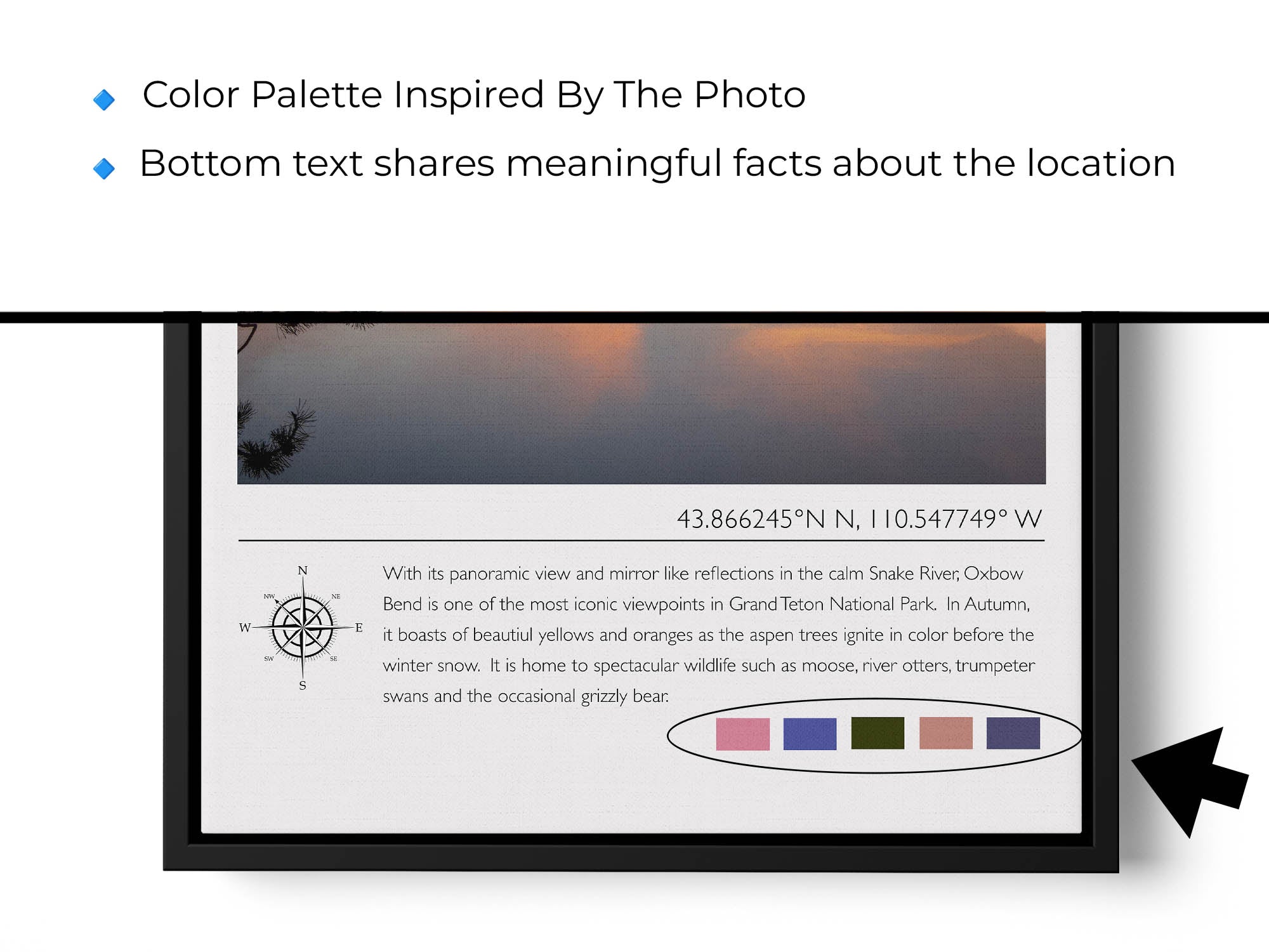 Grand Teton National Park travel poster featuring an Oxbow Bend sunset photograph and photo inspired color palette, close-up of location facts text and photo inspired color palette