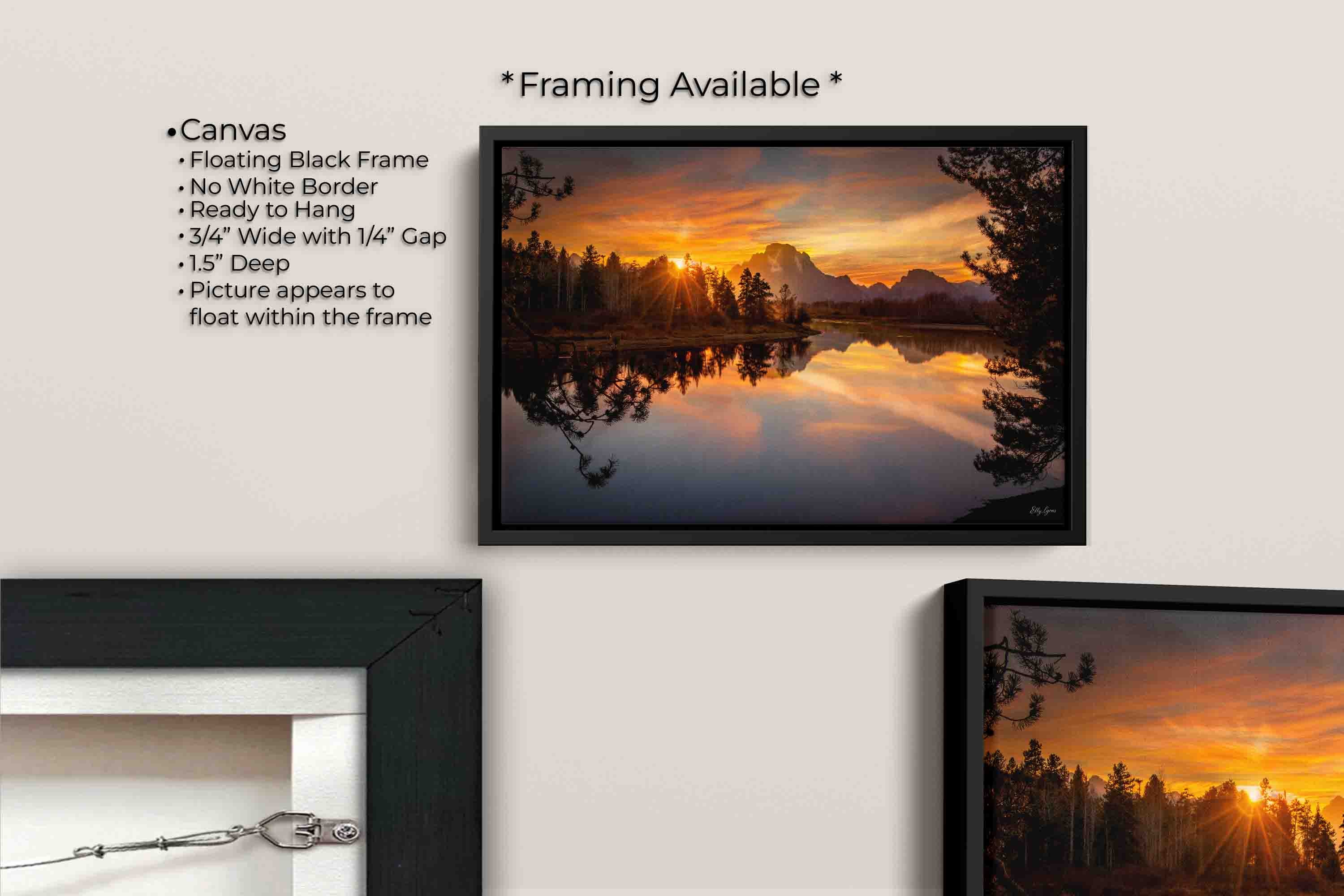 Grand Teton National Park, Oxbow Bend sunset fine art print canvas wall art in black float frame, canvas framing option details