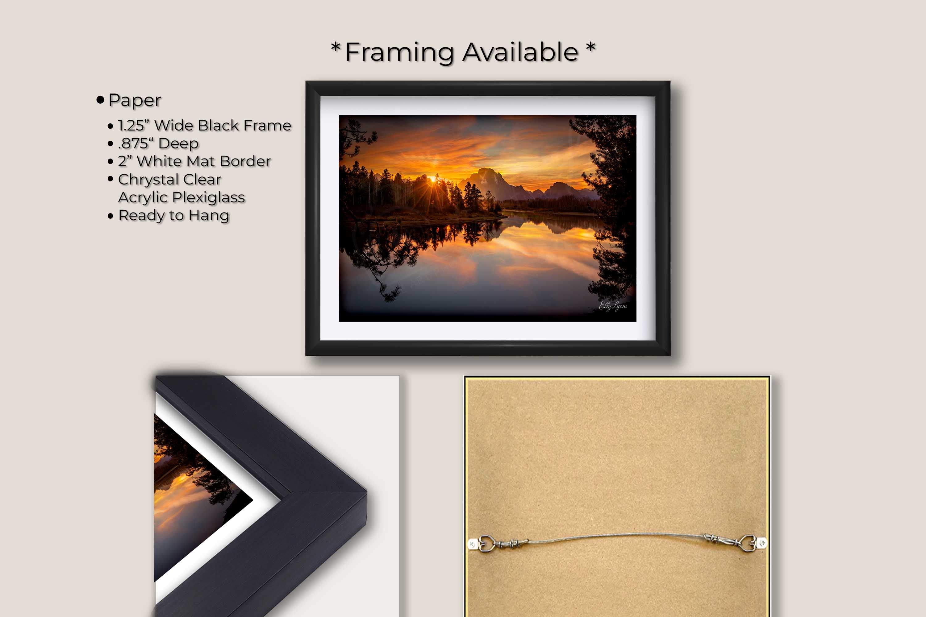 Grand Teton National Park, Oxbow Bend sunset fine art print in black frame with white mat, paper and framing option details