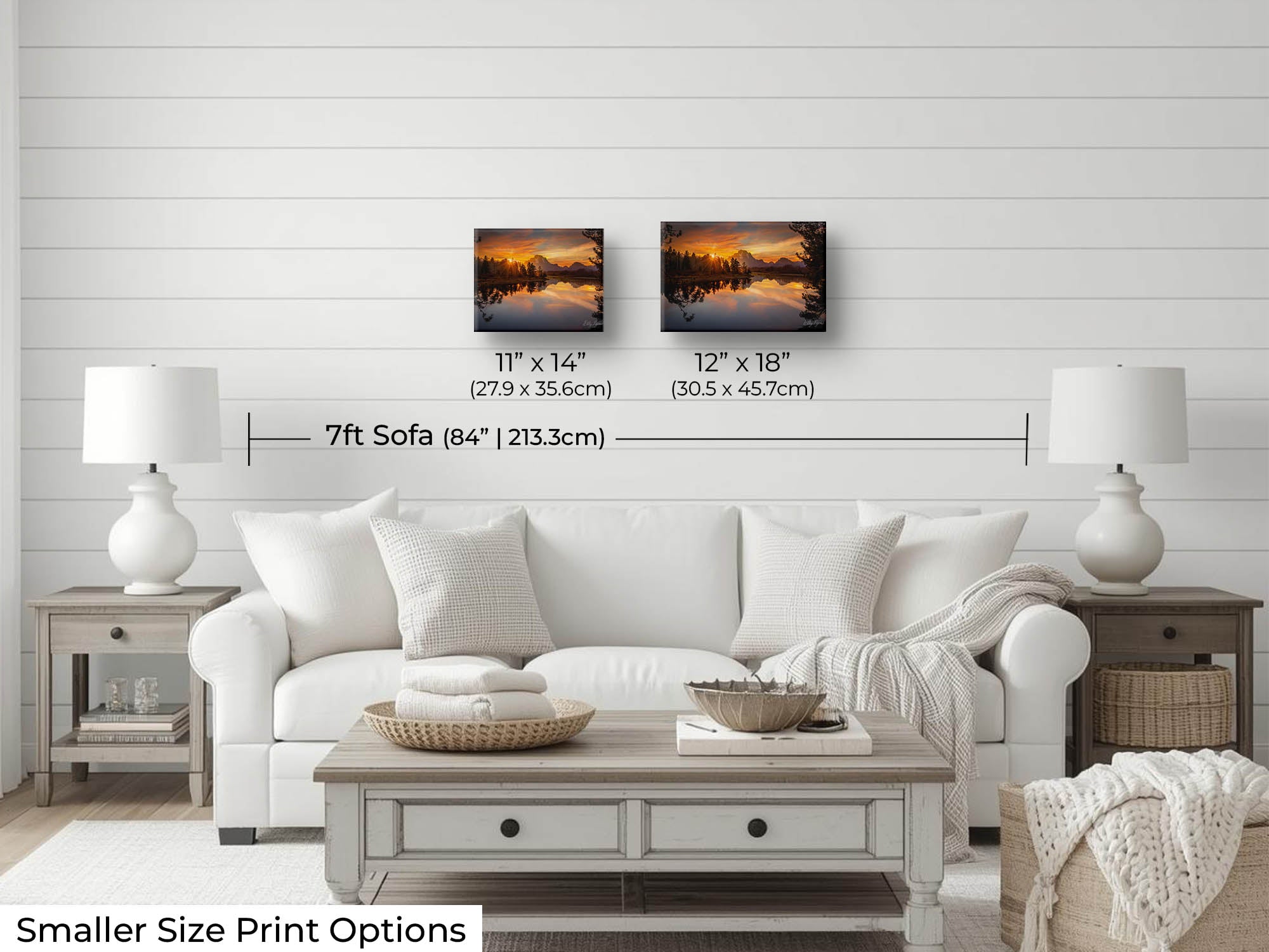 Grand Teton National Park, Oxbow Bend sunset fine art print wall art size mockup showing 11x14 and 12x18 inch prints above a seven foot sofa 