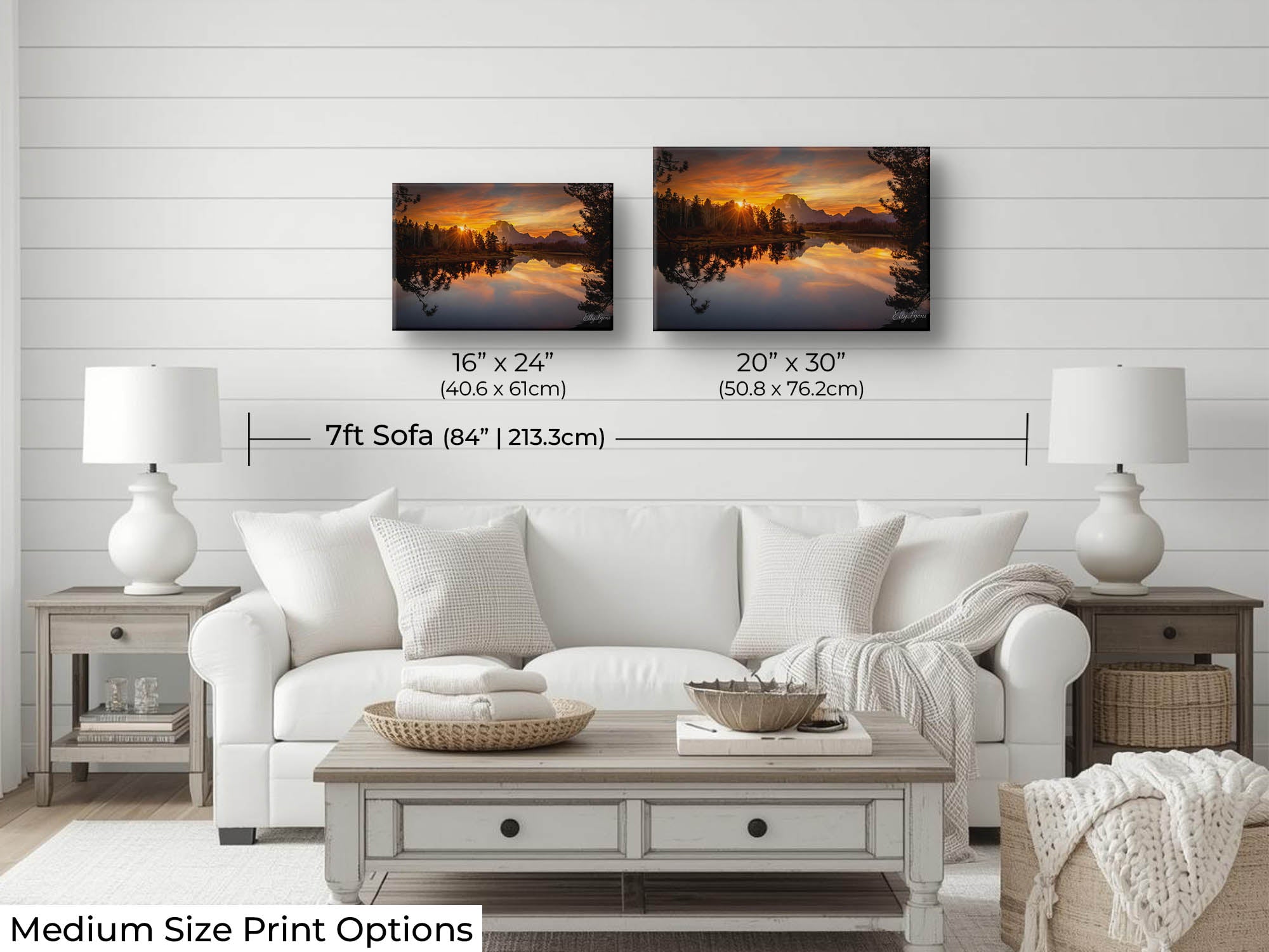 Grand Teton National Park, Oxbow Bend sunset fine art print wall art size mockup showing 16x24 and 20x30 inch prints above a seven foot sofa 