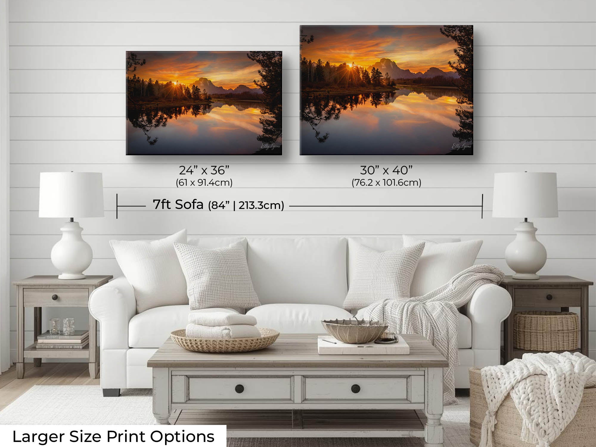 Grand Teton National Park, Oxbow Bend sunset fine art print wall art size mockup showing 24x36 and 30x40 inch prints above a seven foot sofa 