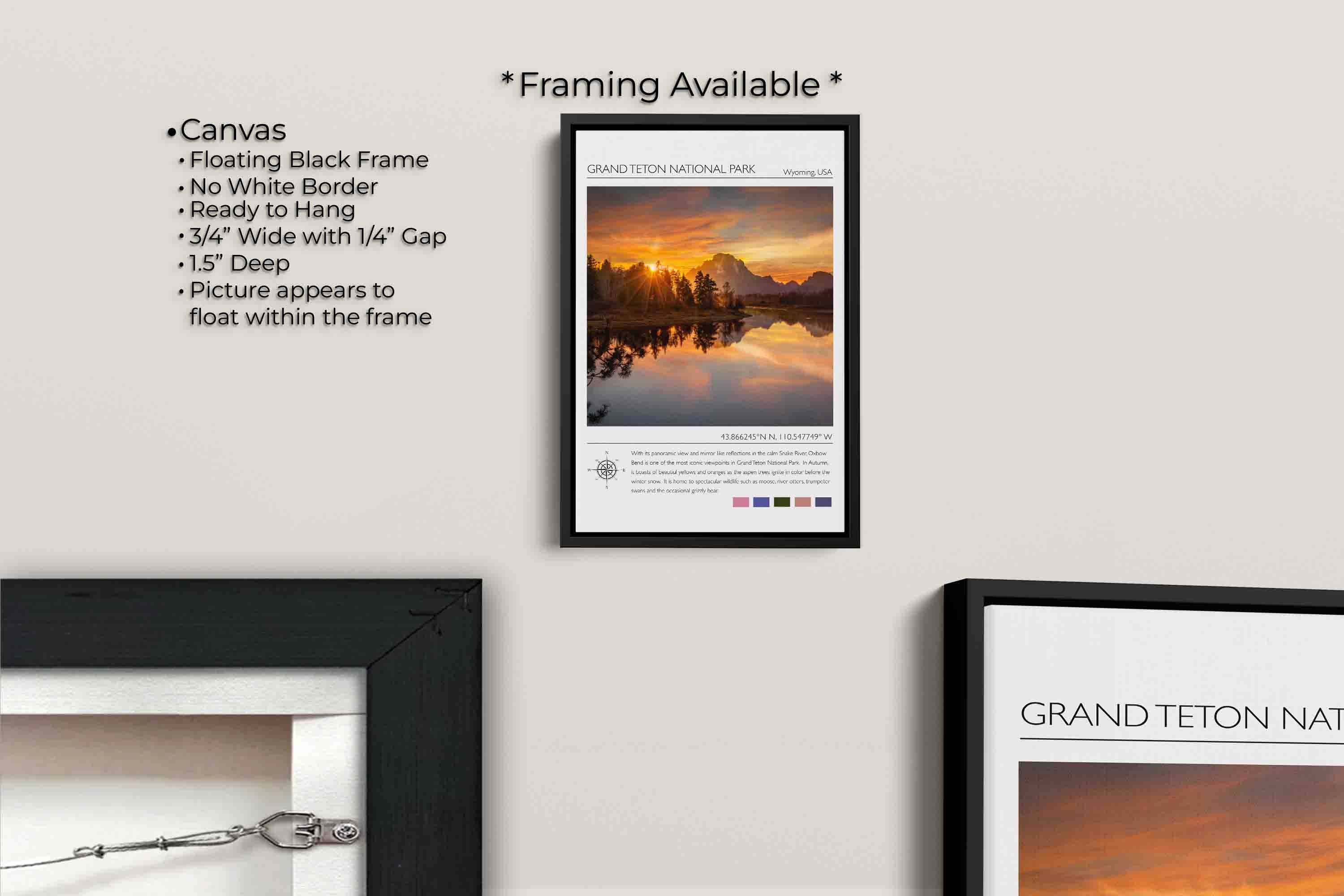 Grand Teton National Park travel poster featuring an Oxbow Bend sunset photograph and photo inspired color palette canvas wall art in black float frame, canvas framing option details
