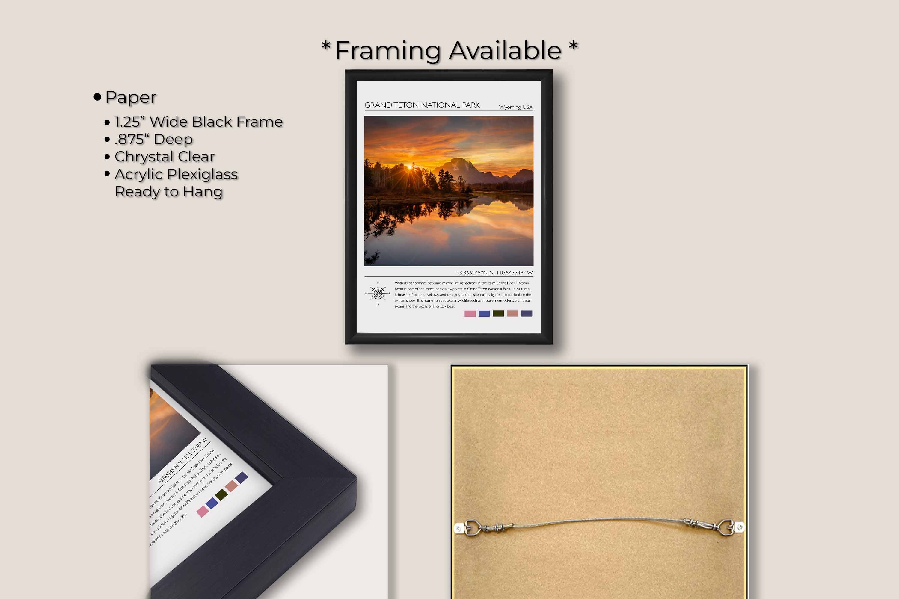 Grand Teton National Park travel poster featuring an Oxbow Bend sunset photograph and photo inspired color palette in black frame, paper and framing option details