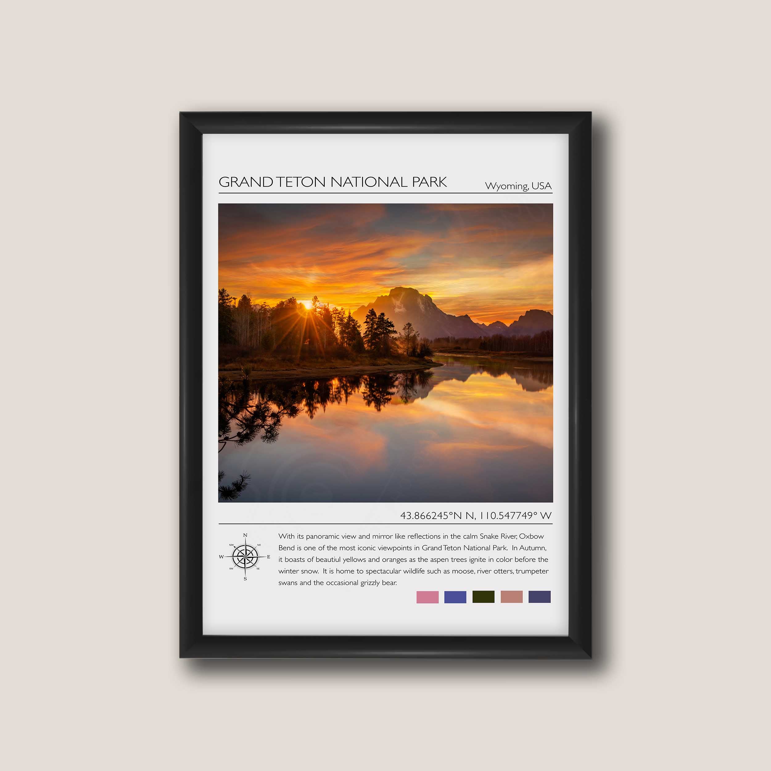 Grand Teton National Park travel poster featuring an Oxbow Bend sunset photograph and photo inspired color palette