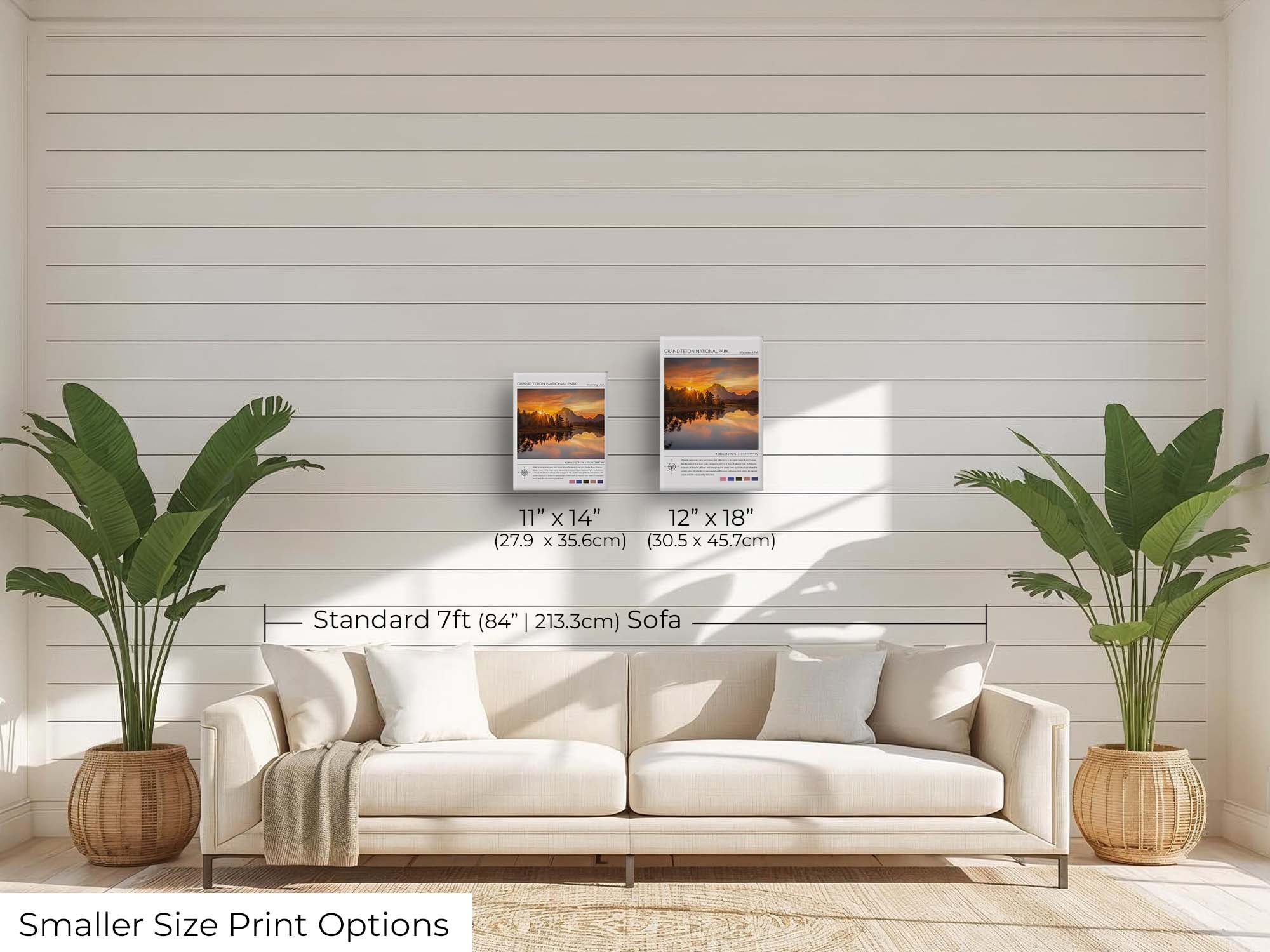 Grand Teton National Park travel poster featuring an Oxbow Bend sunset photograph and photo inspired color palette wall art size mockup showing 11x14 and 12x18 inch prints above a seven foot sofa 