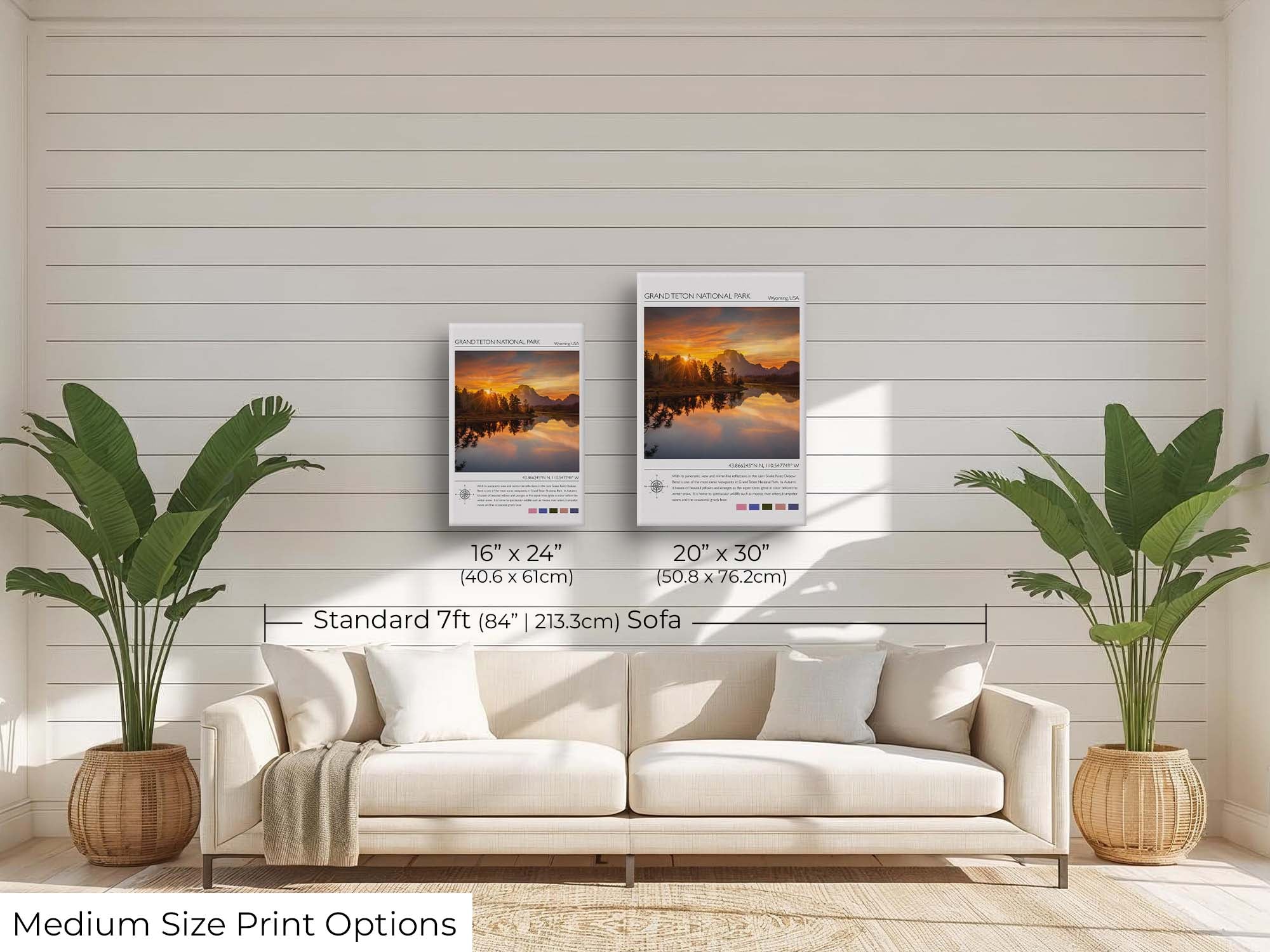 Grand Teton National Park travel poster featuring an Oxbow Bend sunset photograph and photo inspired color palette wall art size mockup showing 16x24 and 20x30 inch prints above a seven foot sofa 