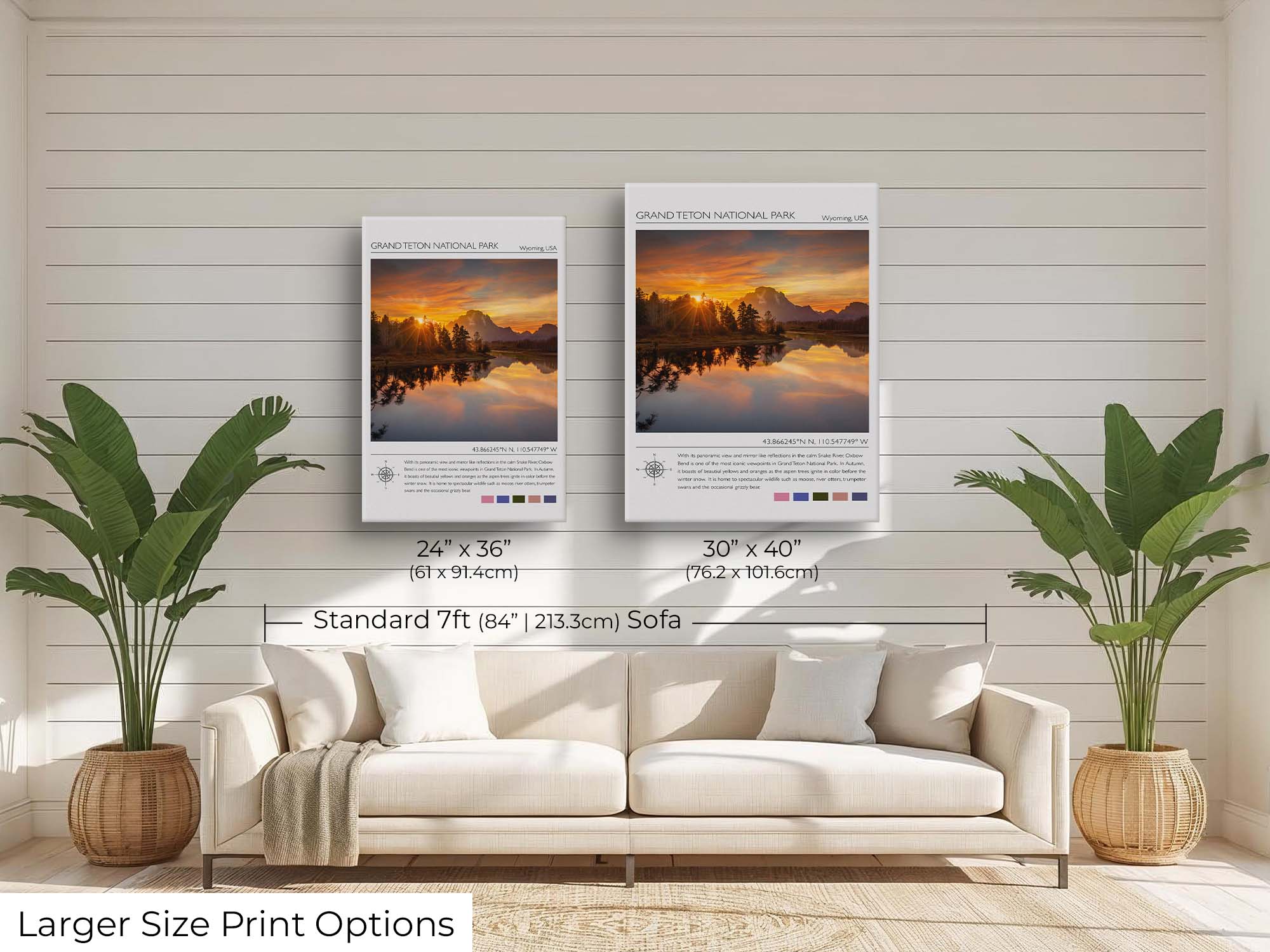 Grand Teton National Park travel poster featuring an Oxbow Bend sunset photograph and photo inspired color palette wall art size mockup showing 24x36 and 30x40 inch prints above a seven foot sofa 
