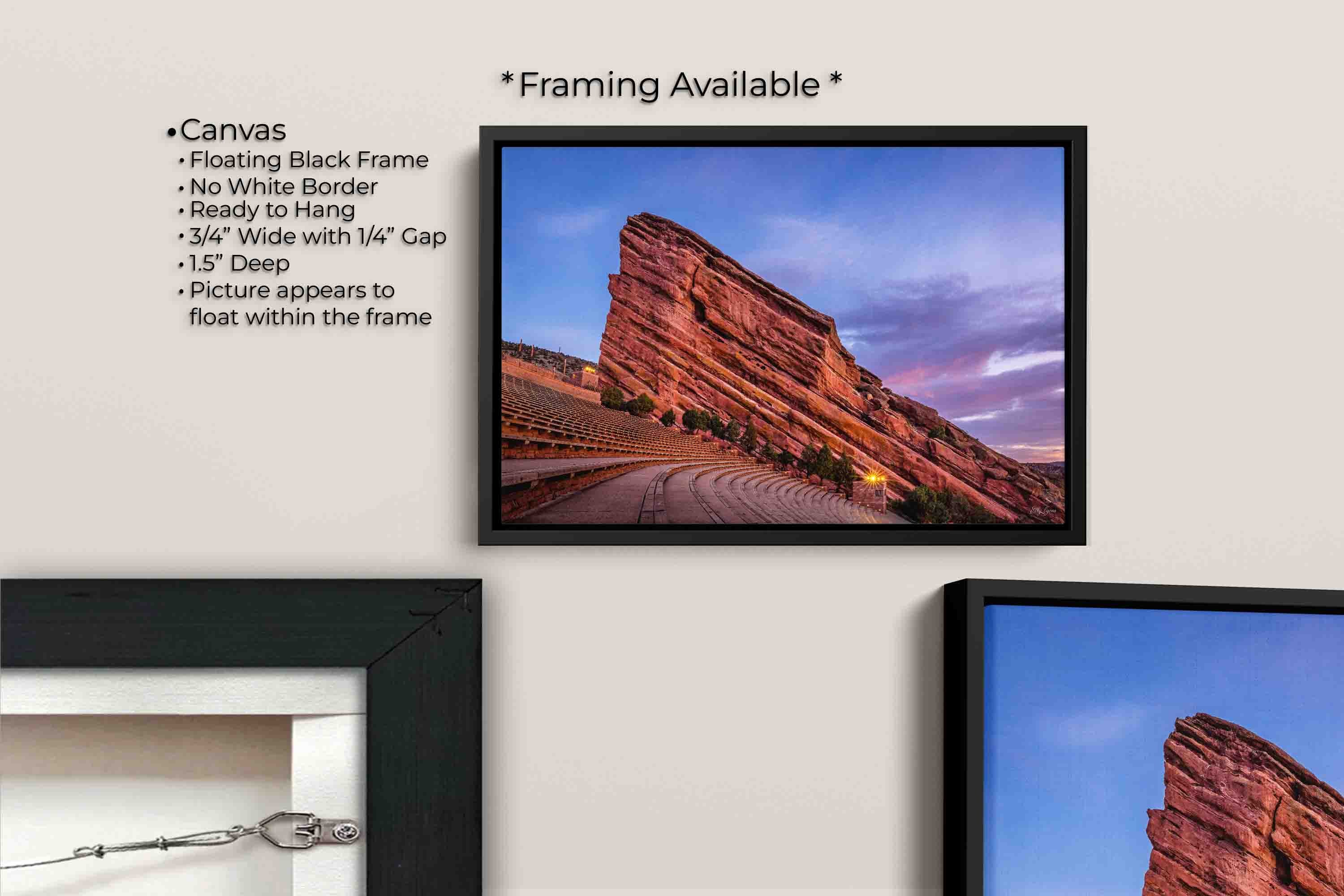 Red Rocks Amphitheater Colorado sunrise fine art print canvas wall art in black float frame, canvas framing option details