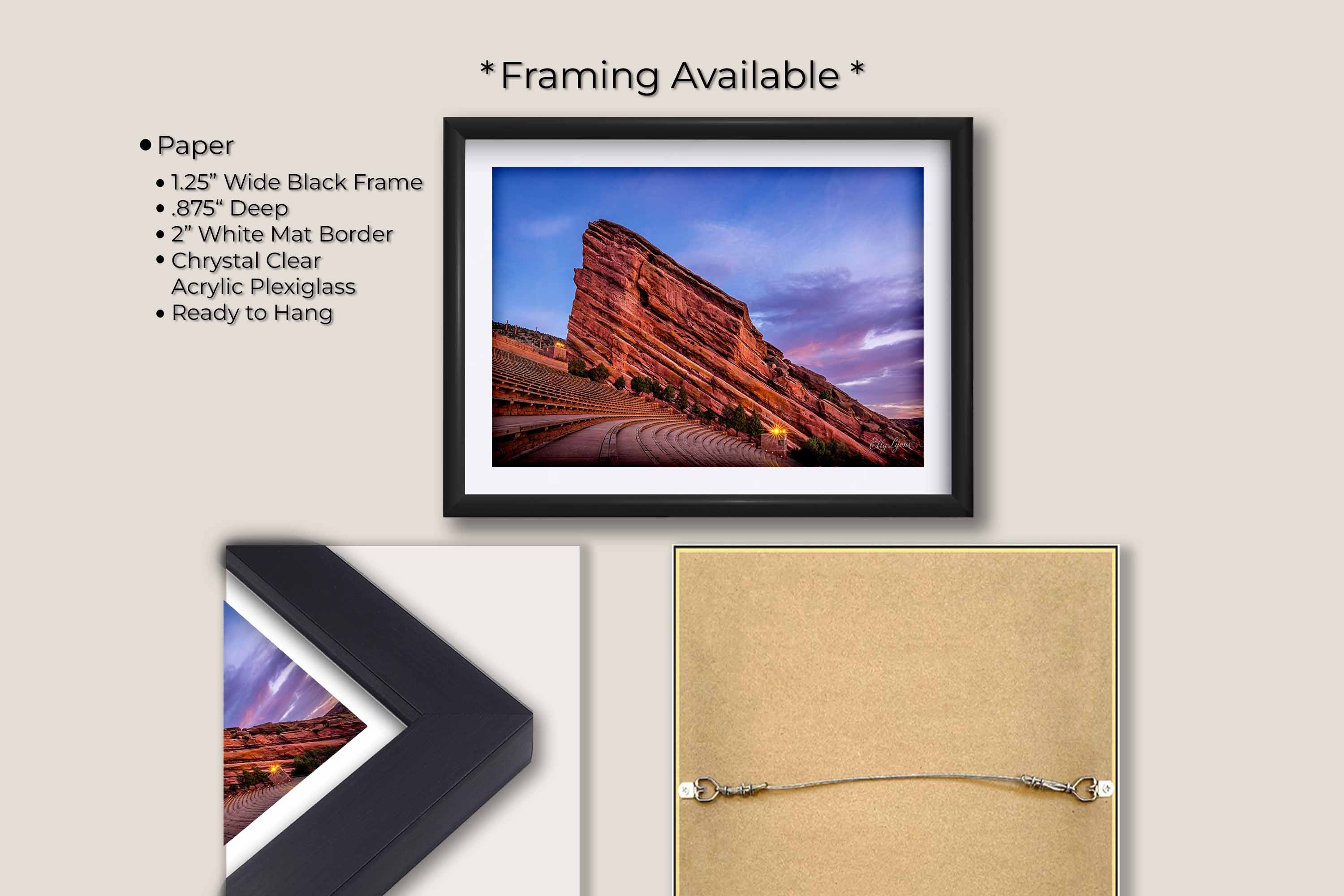 Red Rocks Amphitheater Colorado sunrise fine art print in black frame with white mat, paper and framing option details