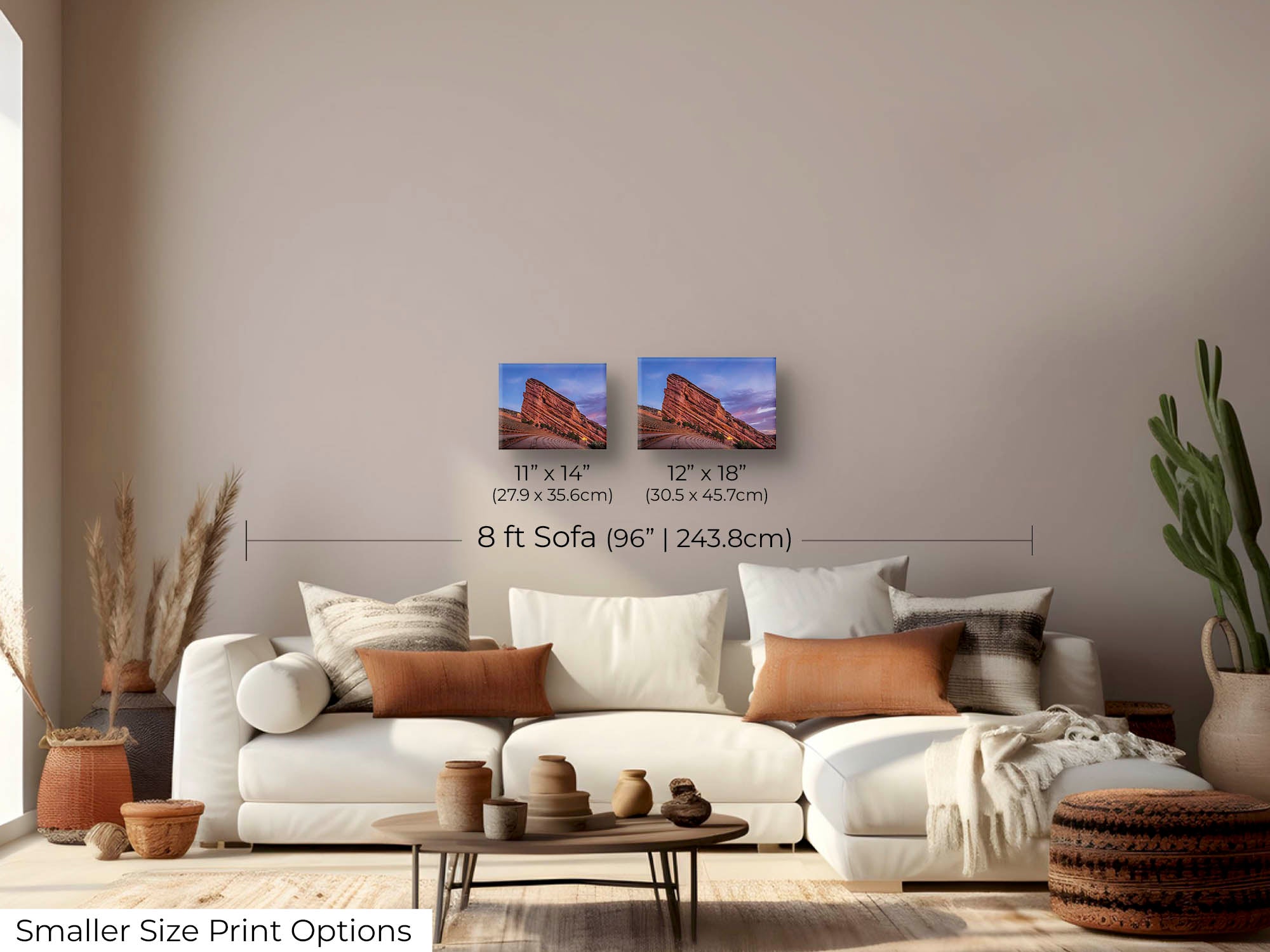 Red Rocks Amphitheater Colorado sunrise fine art print wall art size mockup showing 11x14 and 12x18 inch prints above an eight foot sofa 