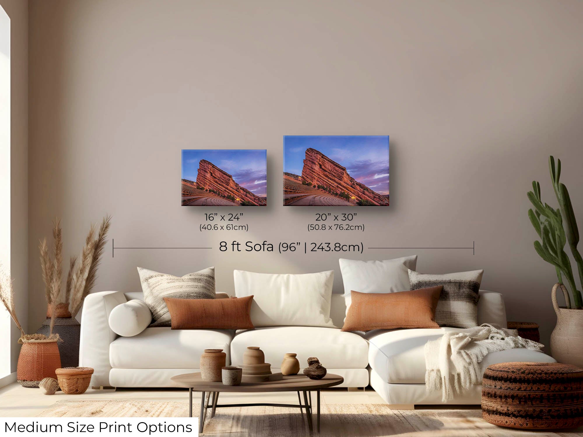 Red Rocks Amphitheater Colorado sunrise fine art print wall art size mockup showing 16x24 and 20x30 inch prints above an eight foot sofa 