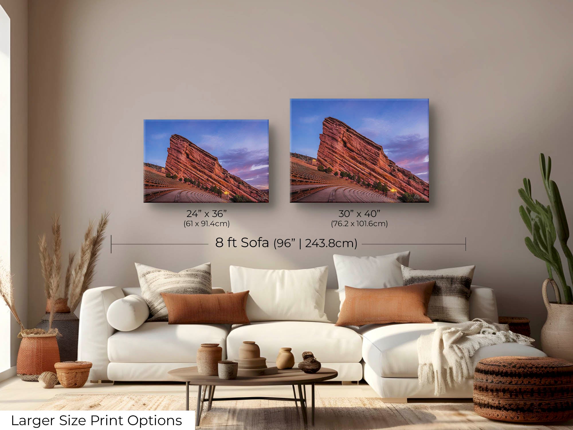 Red Rocks Amphitheater Colorado sunrise fine art print wall art size mockup showing 24x36 and 30x40 inch prints above an eight foot sofa 