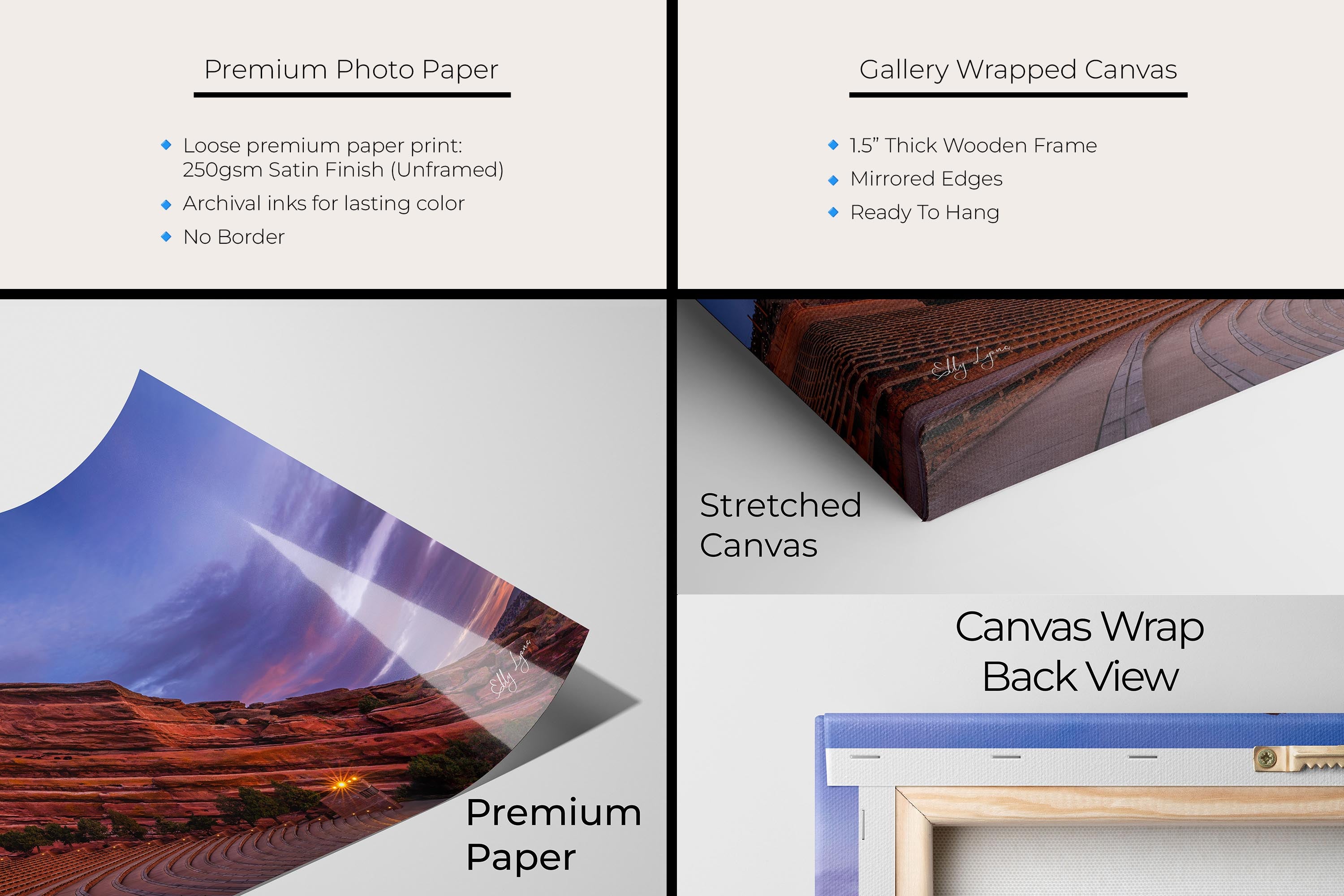 Red Rocks Amphitheater Colorado sunrise fine art print artwork materials mockup showing premium photo paper and gallery wrapped canvas close up