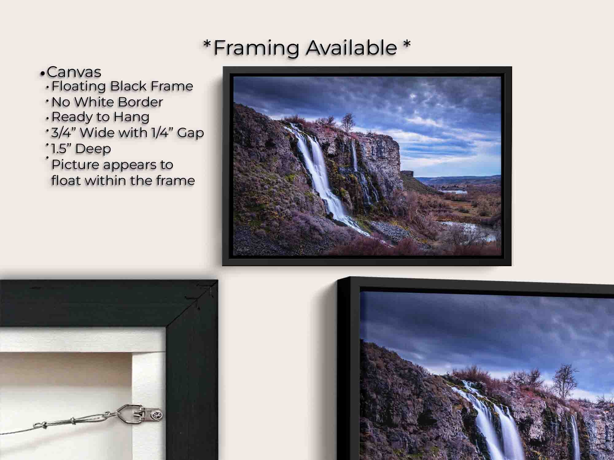Lemon Falls at Ritter Island, Idaho fine art print canvas wall art in black float frame, canvas framing option details