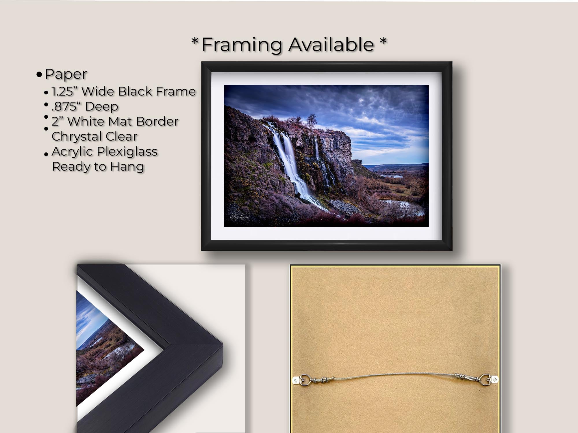 Lemon Falls at Ritter Island, Idaho fine art print in black frame with white mat, paper and framing option details