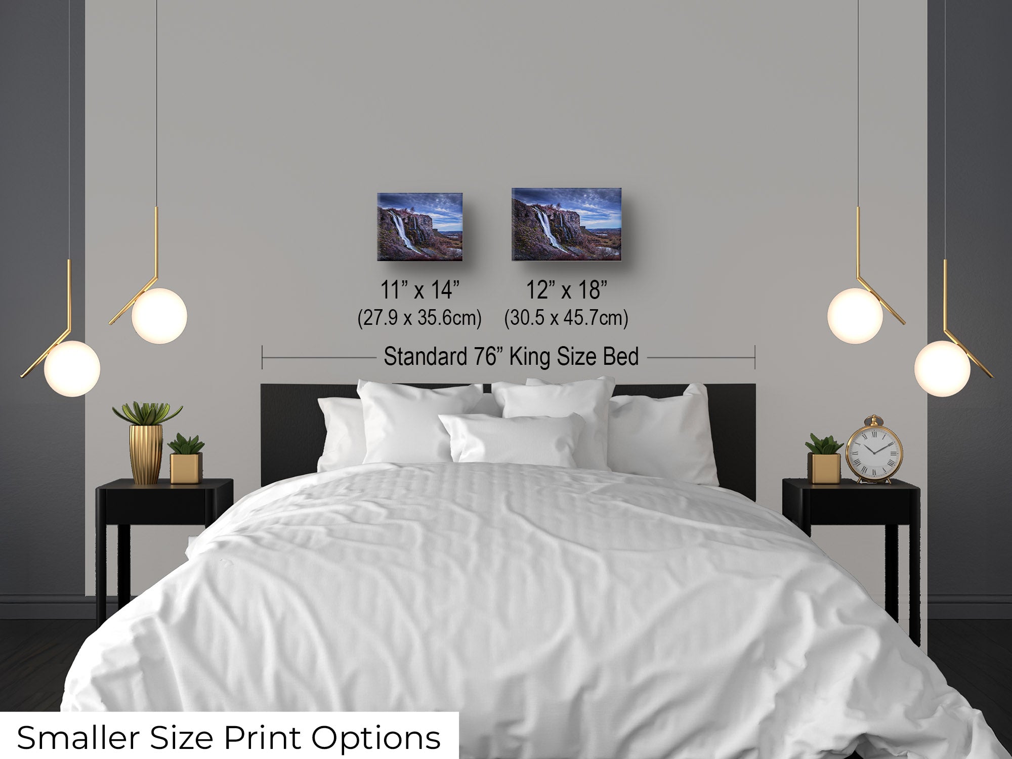 Lemon Falls at Ritter Island, Idaho fine art print wall art size mockup showing 11x14 and 12x18 inch prints above a king size bed