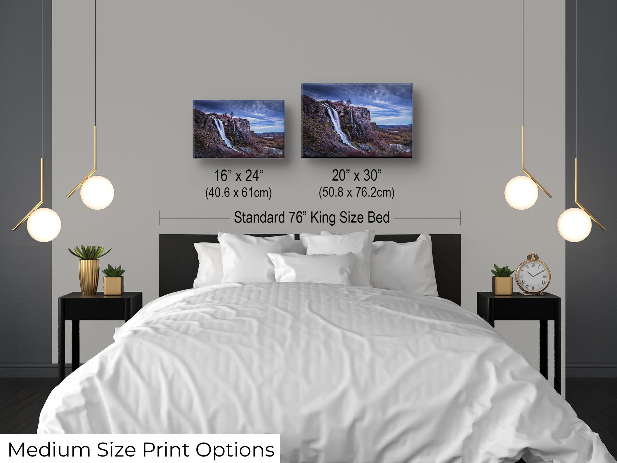 Lemon Falls at Ritter Island, Idaho fine art print wall art size mockup showing 16x24 and 20x30 inch prints above a king size bed 