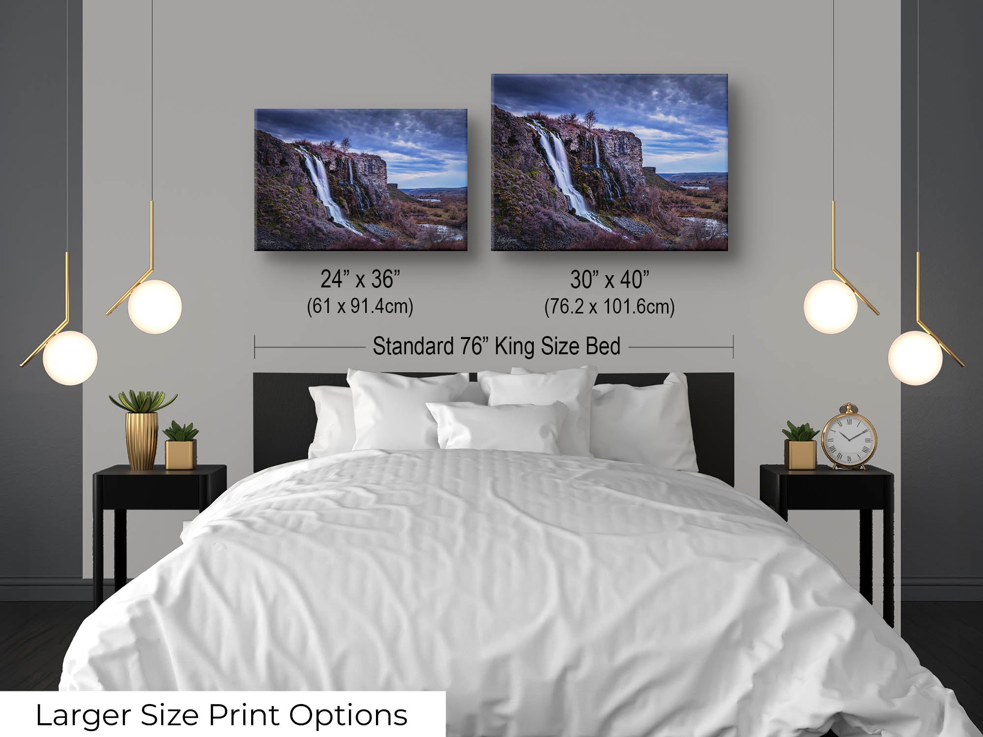 Lemon Falls at Ritter Island, Idaho fine art print wall art size mockup showing 24x36 and 30x40 inch prints above a king size bed