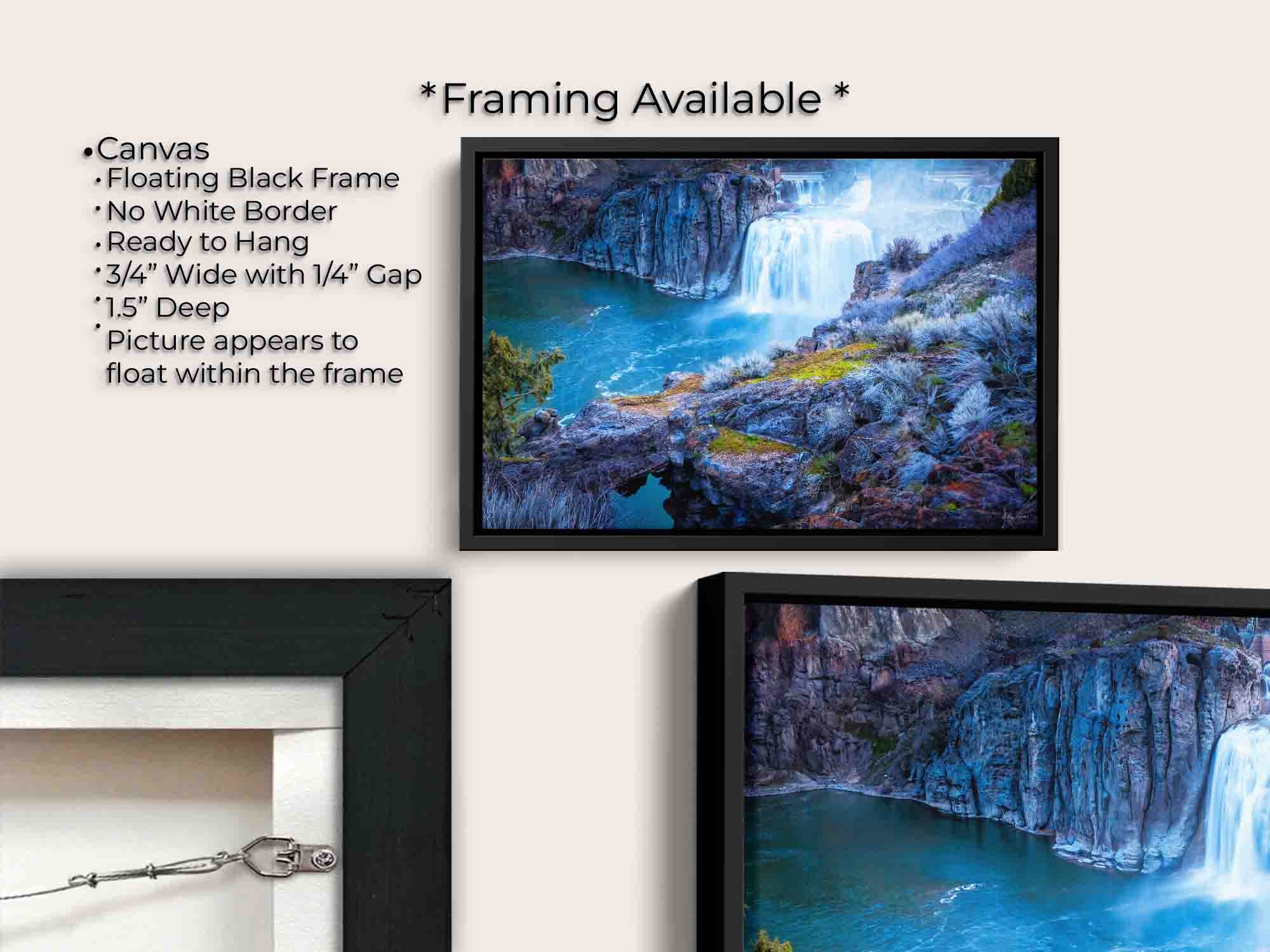 Shoshone Falls in Idaho fine art print canvas wall art in black float frame, canvas framing option details